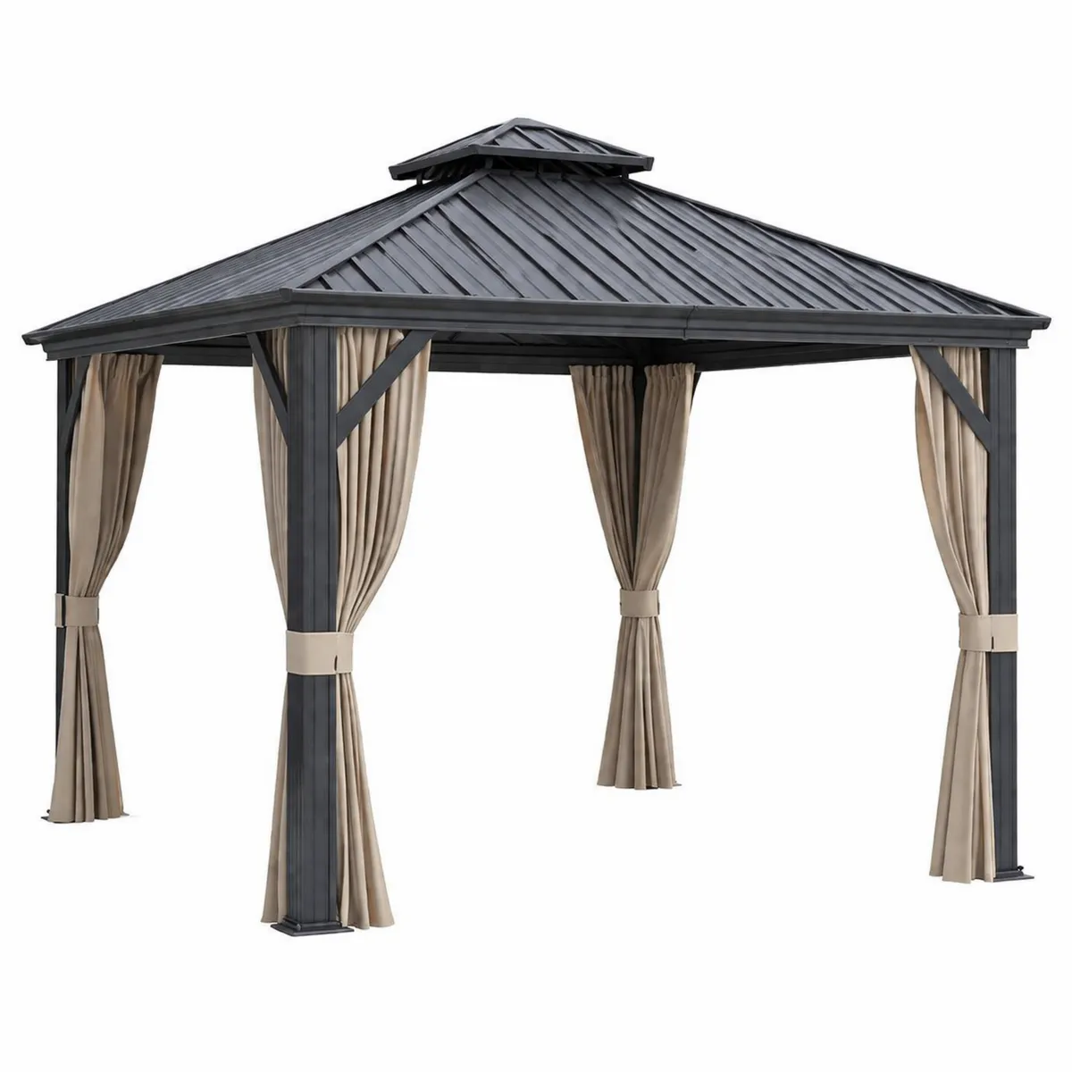 Tonnelle de Jardin en Aluminium avec Toit en Acier Galvanisé et Rideaux en Polyester