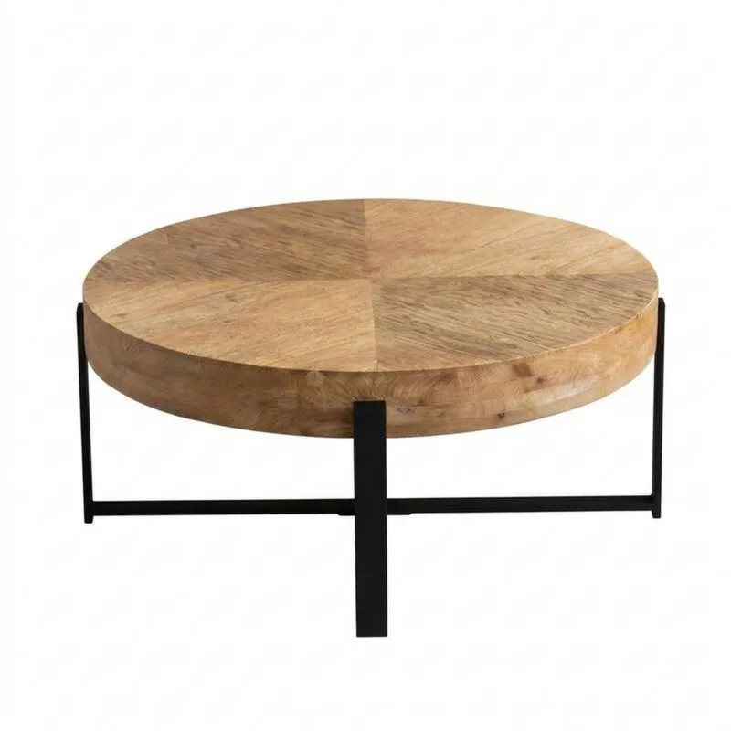 Runder Couchtisch – Mangoholz mit Stahlgestell, 80 cm Durchmesser-Noblehomeeu