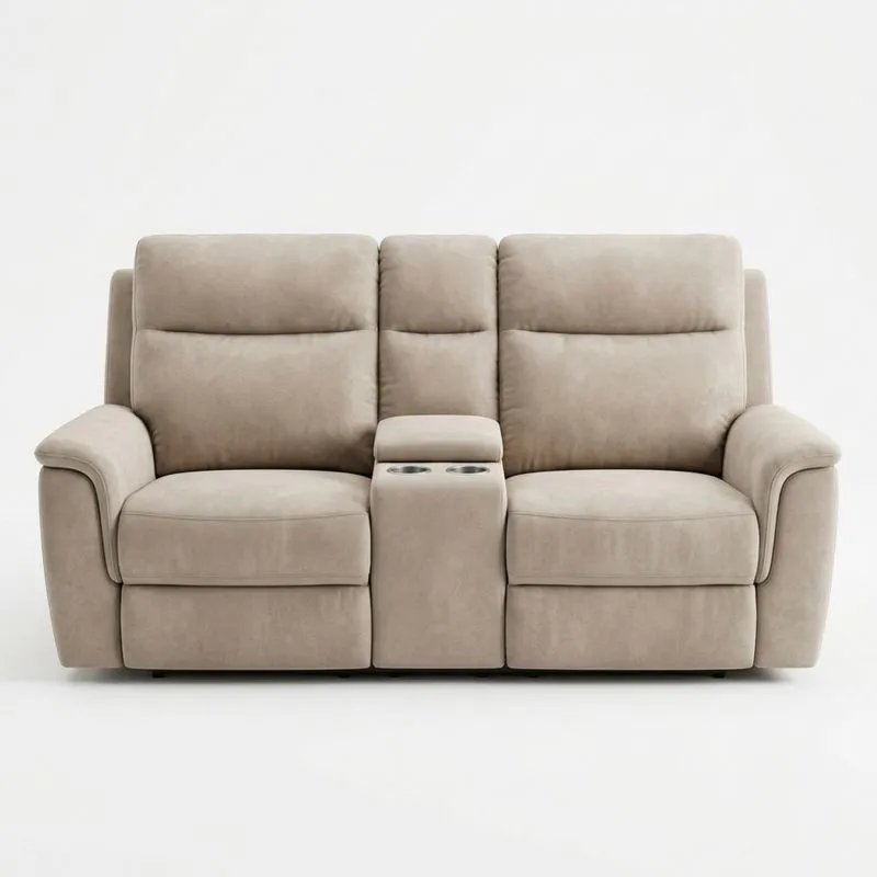 Beiges Zweisitzer-Sofa aus Mikrofaser und Aluminiumlegierung mit verstellbaren Armlehnen und Getränkehaltern-Noblehomeeu