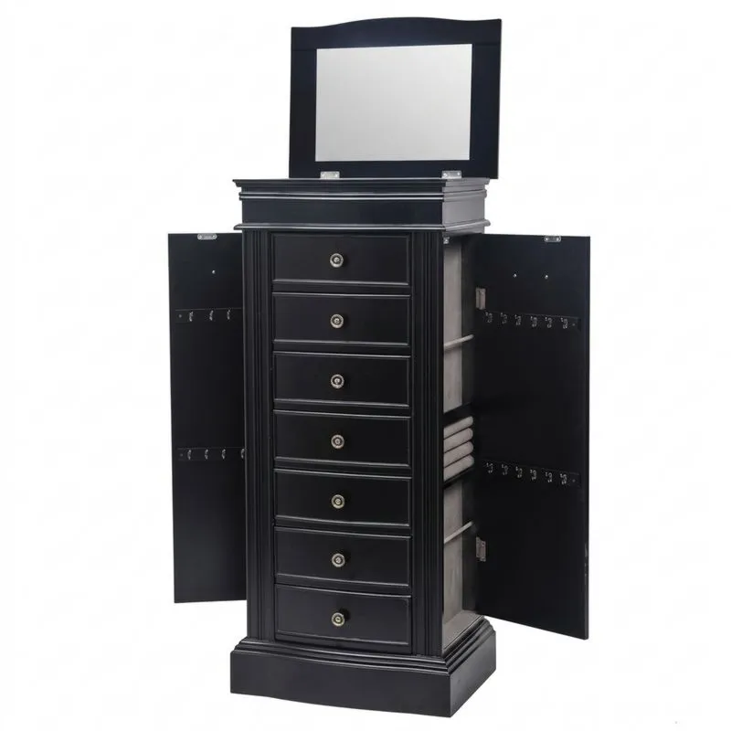 Schwarzer MDF-Schmuckschrank mit Spiegel und 6 Schubladen-Noblehomeeu