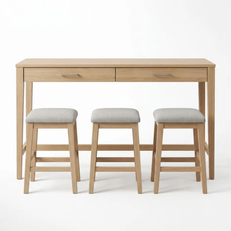 Holz Tisch und Hocker-Set mit Polster Hellgrau-Noblehomeeu