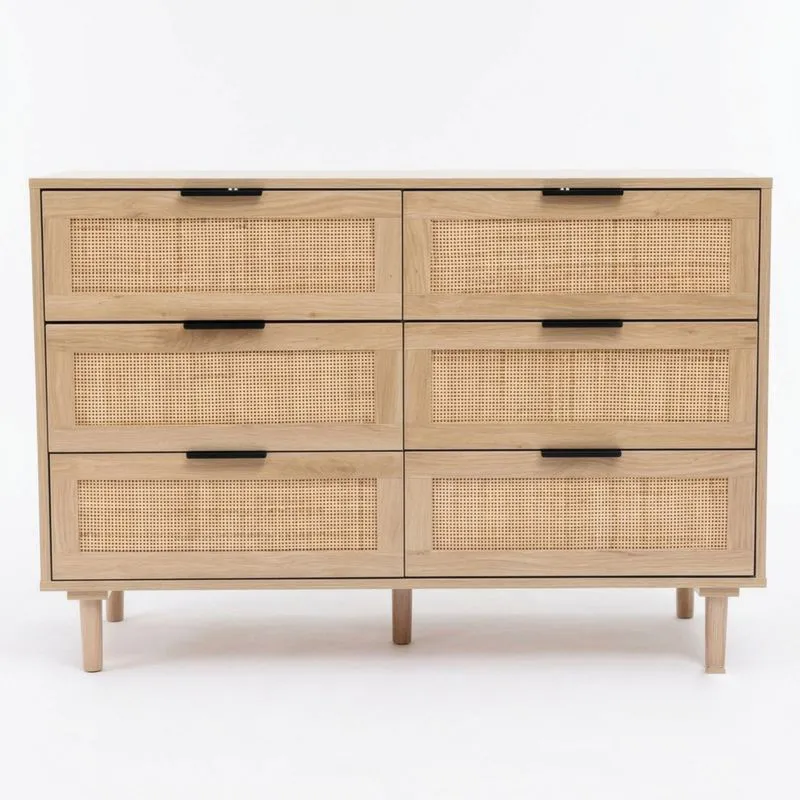 Kommode aus Eichenholz und Rattan mit 6 Schubladen-Noblehomeeu