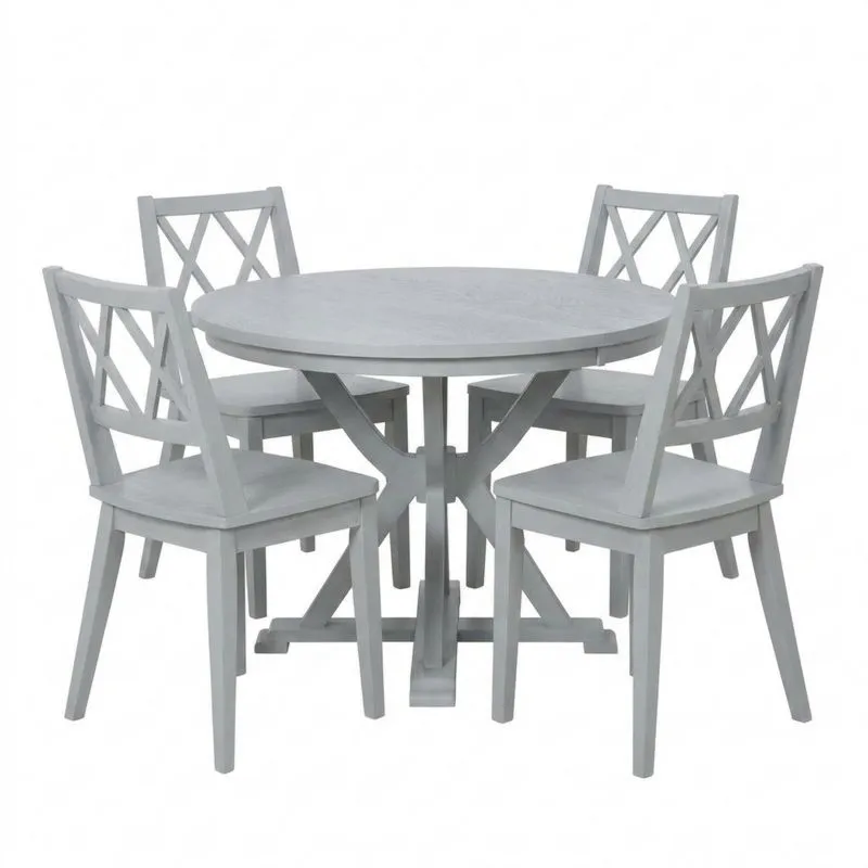 Rundes Esszimmer-Set aus massivem Holz in Grau (inkl. 4 Stühle und Tisch)-Noblehomeeu