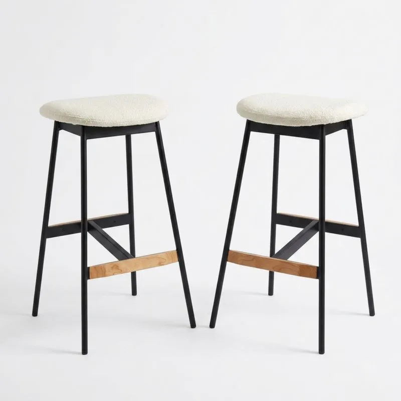 2er-Set Barhocker aus Stahl – Schwarz, mit cremefarbenen Sitzkissen aus Polyestergewebe-Noblehomeeu
