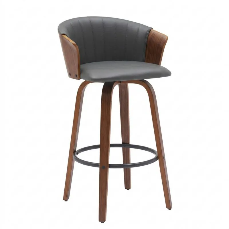 Barhocker aus PU-Leder und Walnuss, Grau, Drehbar, 105 cm-Noblehomeeu