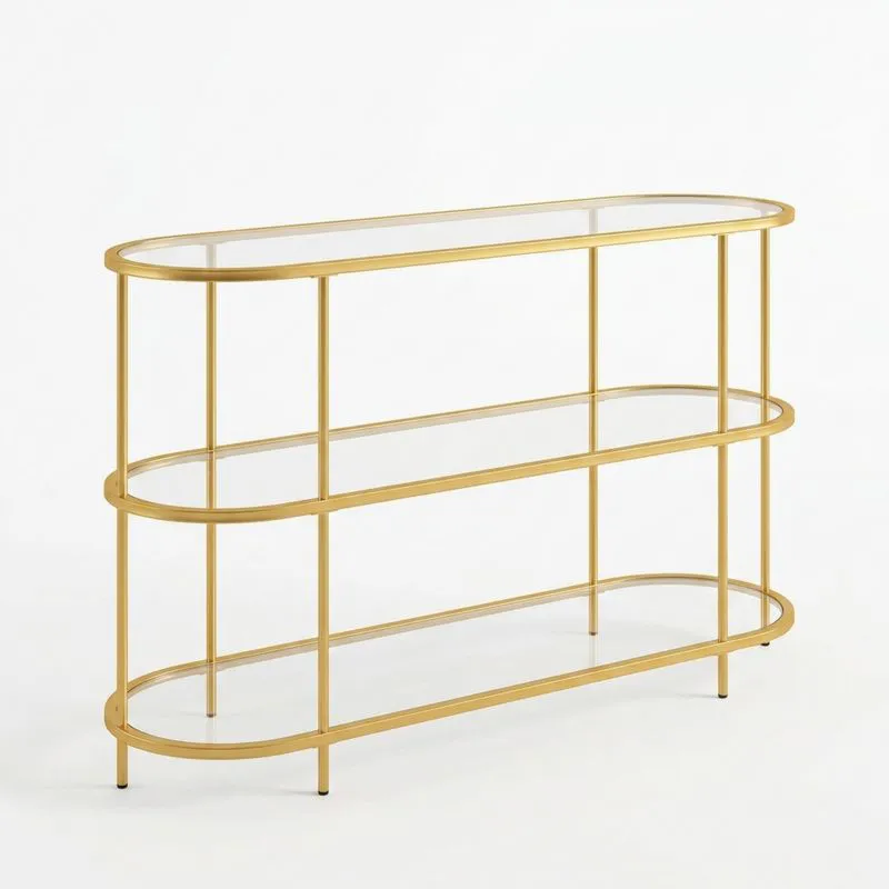 Ovaler Konsolentisch aus goldener Aluminiumlegierung und gehärtetem Glas-Noblehomeeu