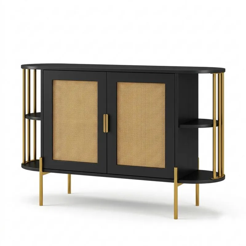 Schwarzer Seitenschrank mit Aluminiumrahmen und Rattan-Geflecht-Noblehomeeu