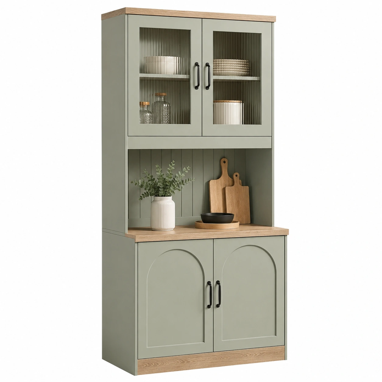Vitrina alta nordica con puertas de cristal y estanteria central 80 cm Verde salvia / Roble claro-Meubira