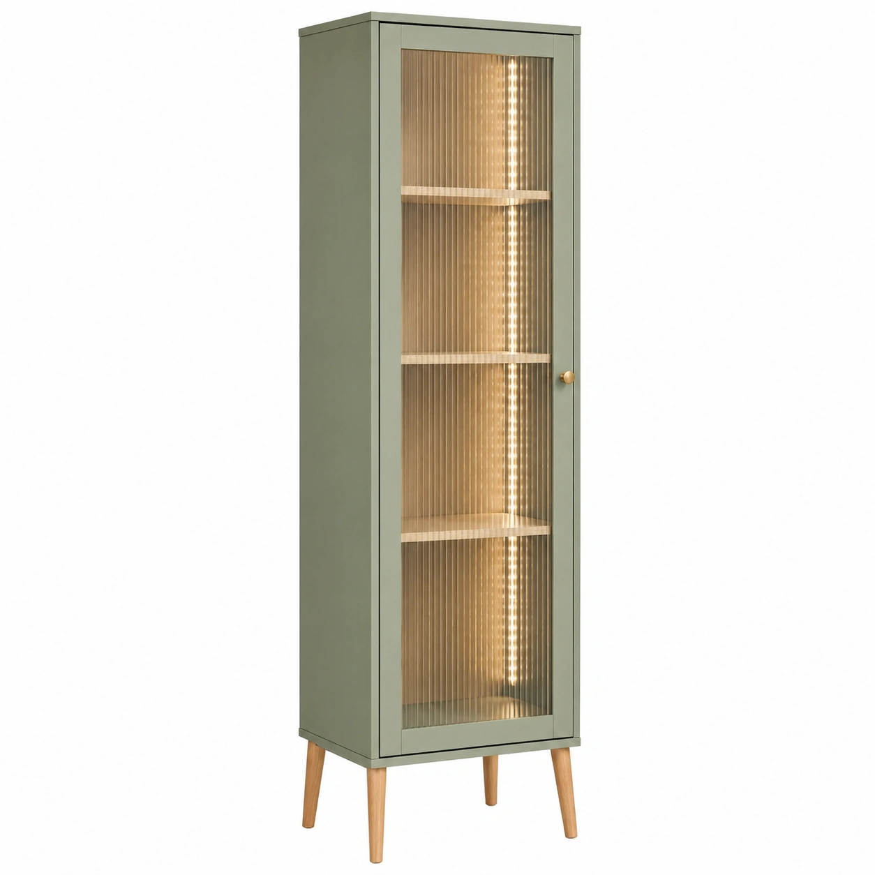 Vitrina alta nordica con puerta de cristal acanalado y luz LED 40 cm Verde oliva-Meubira