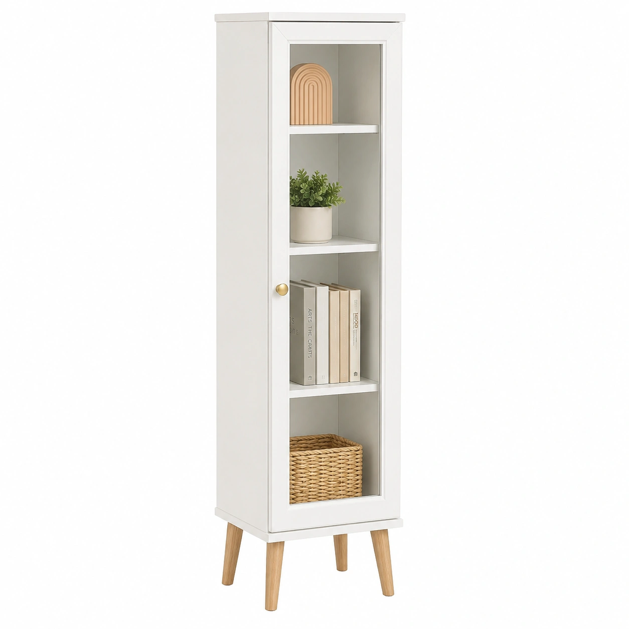 Vitrina estrecha nordica con puerta de cristal y patas de madera 40 cm Blanco-Meubira
