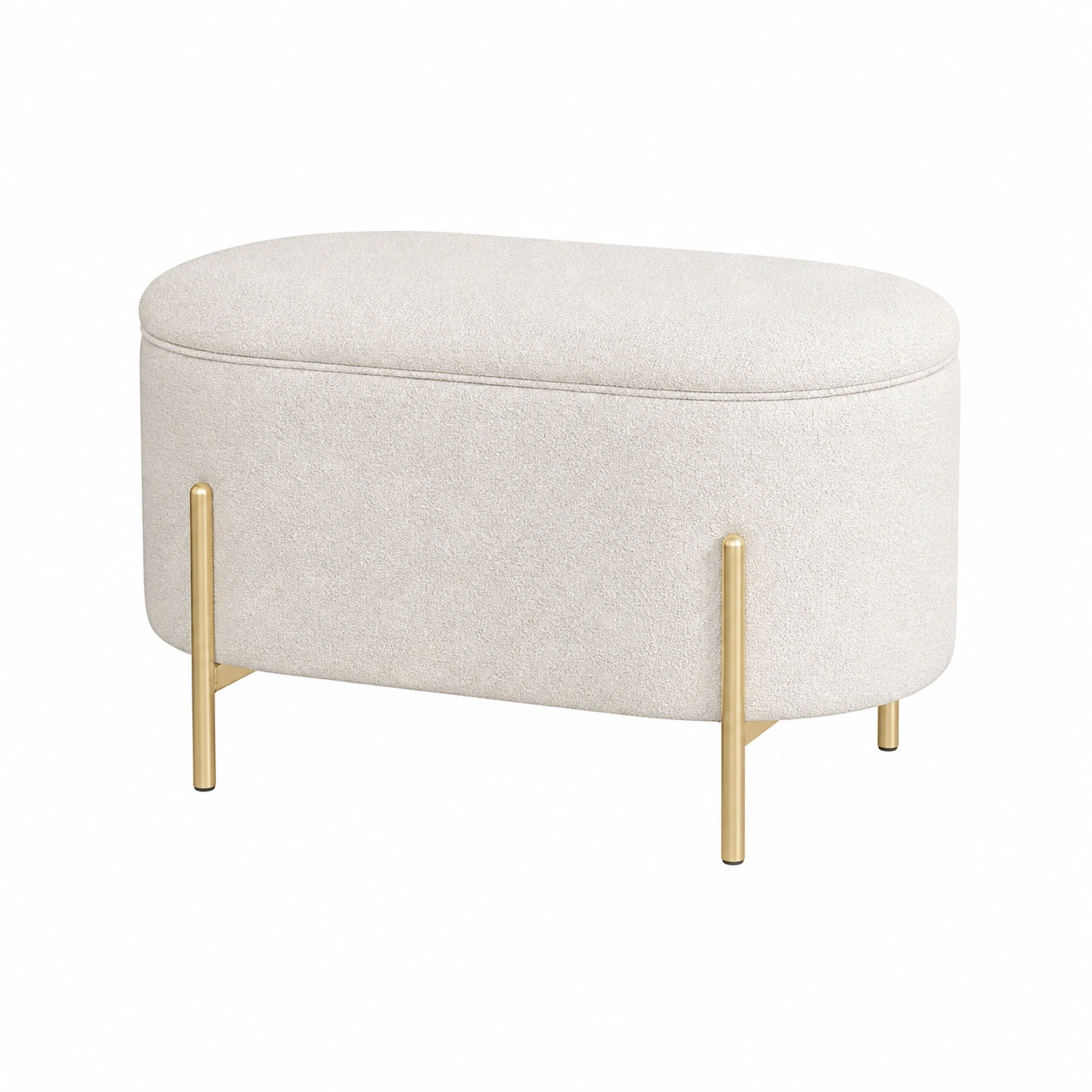 Puf ovalado con almacenaje tapizado boucle crema patas metal dorado moderno-Meubira