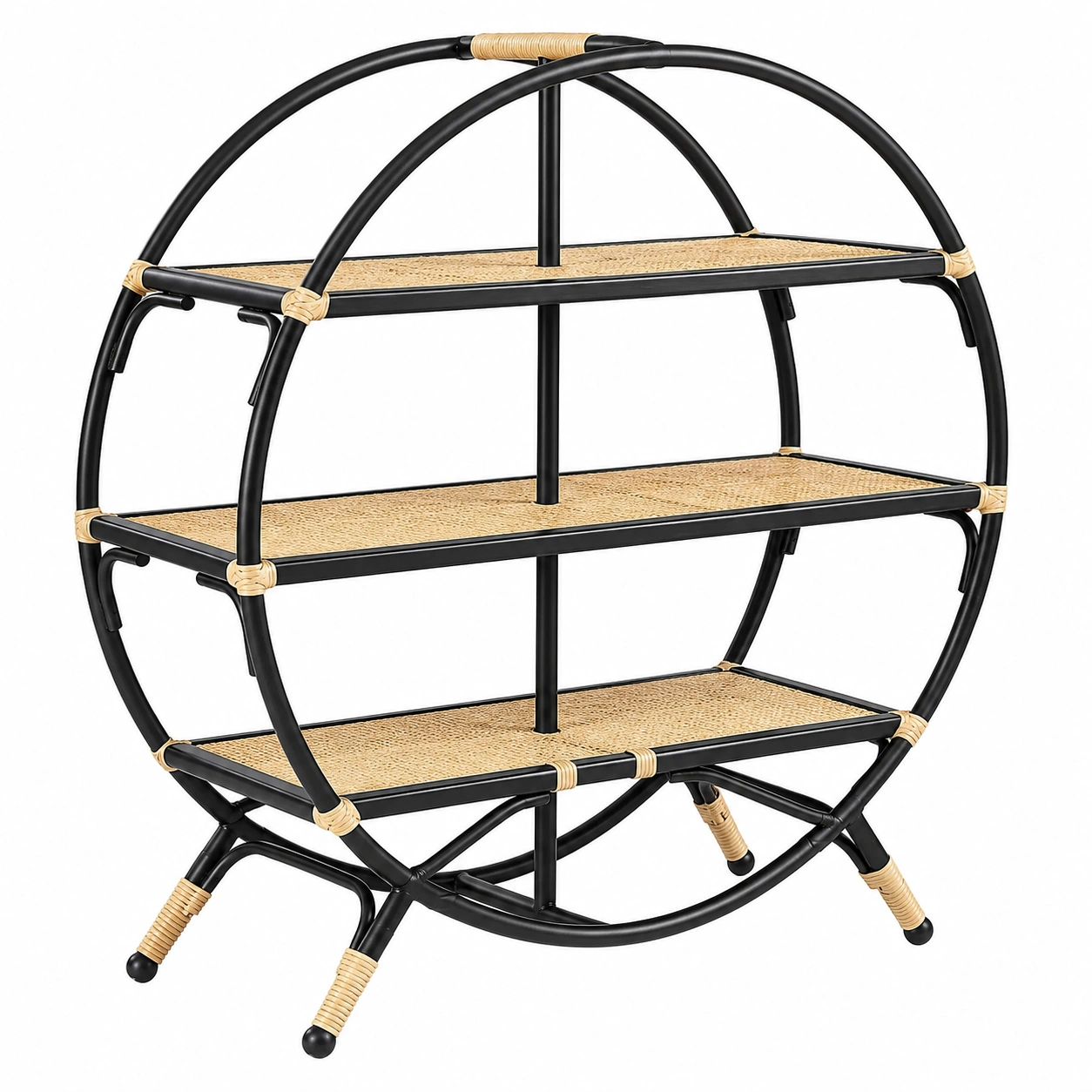 Estanteria circular decorativa de 4 niveles en metal y ratán negro-Meubira