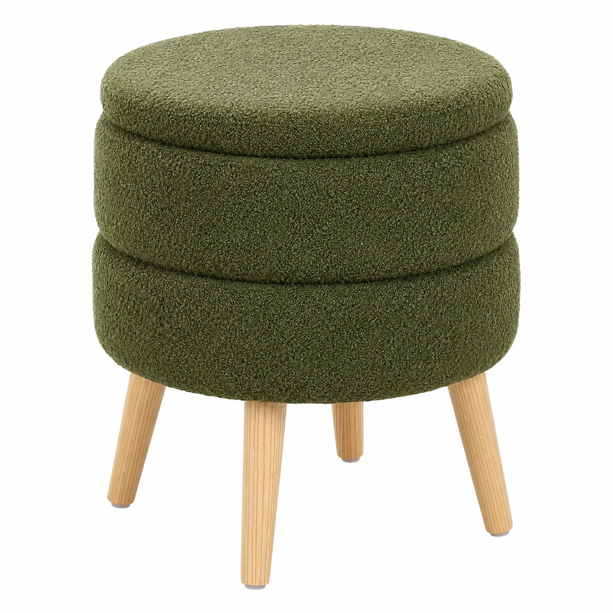 Taburete redondo con almacenaje bouclé Verde oliva patas de madera-Meubira