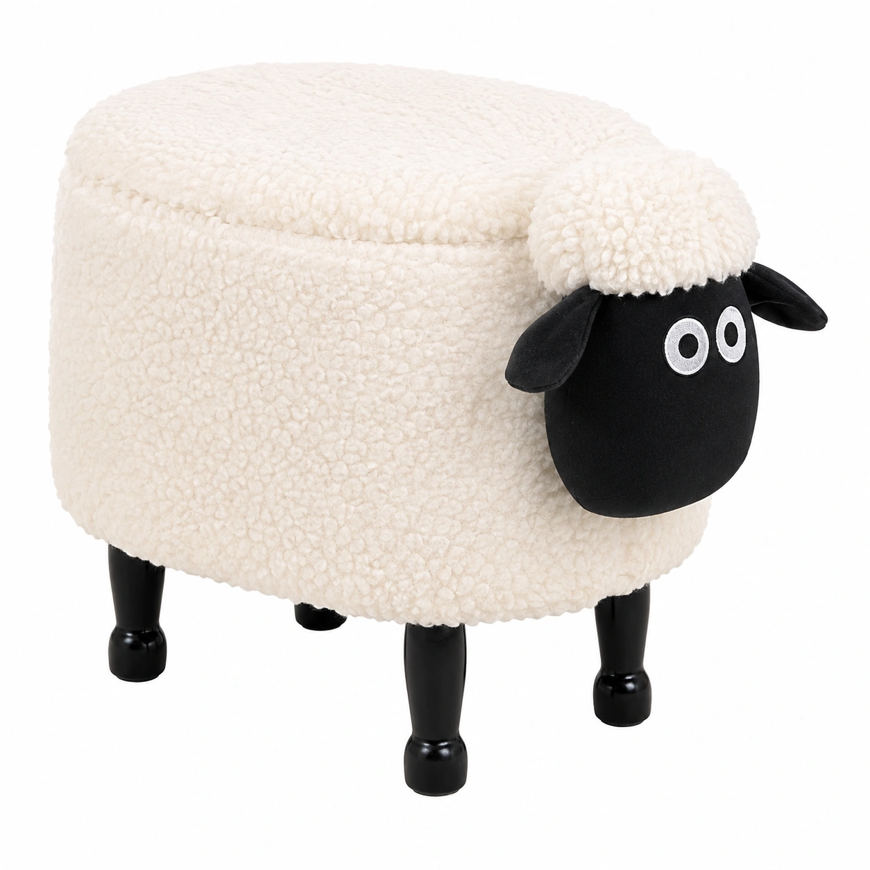 Puf infantil con almacenaje oveja tela boucle crema patas negras-Meubira