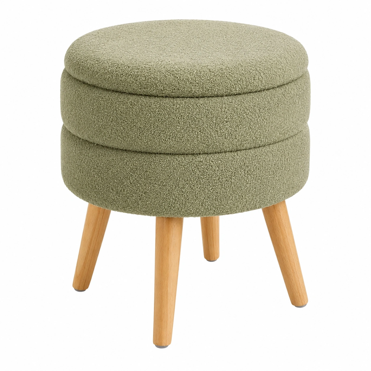 Taburete redondo con almacenaje bouclé verde oliva y patas de madera-Meubira