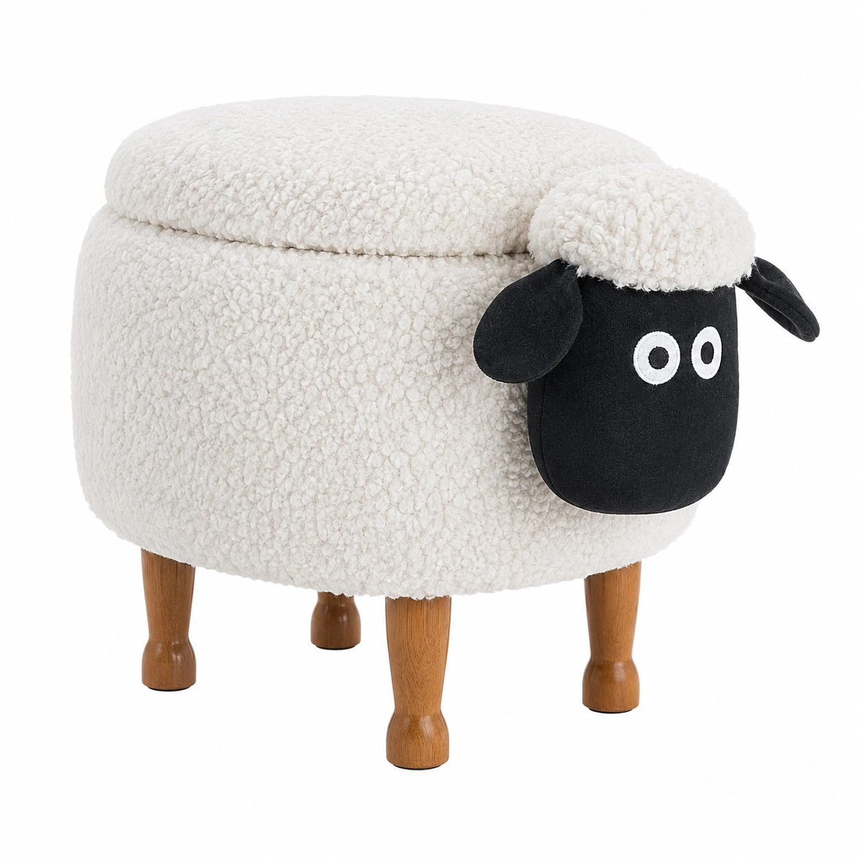 Puf infantil con almacenaje oveja boucle blanco y negro patas de madera-Meubira