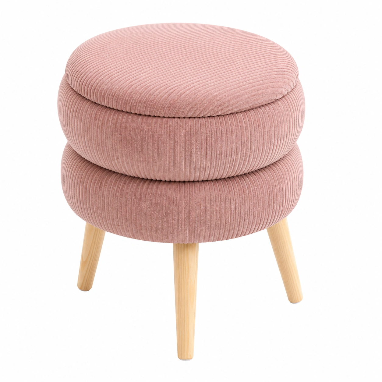 Taburete redondo con almacenaje de pana rosa y patas de madera-Meubira