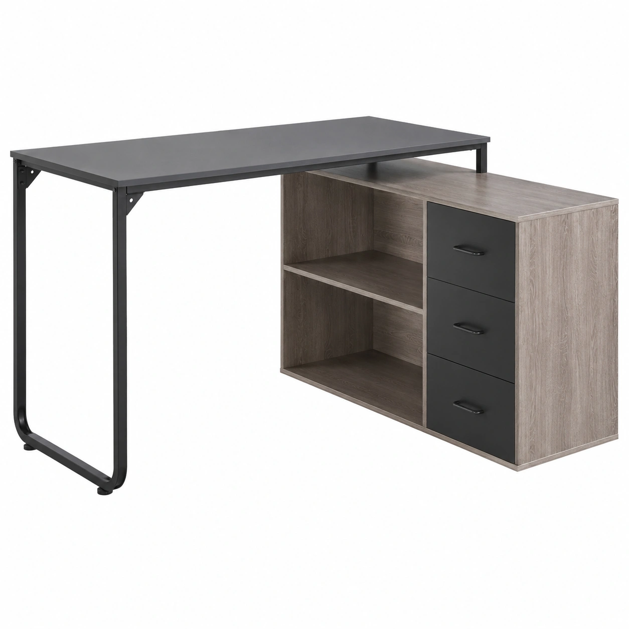 Escritorio esquinero industrial con cajonera lateral y estantes abiertos modernos-Meubira