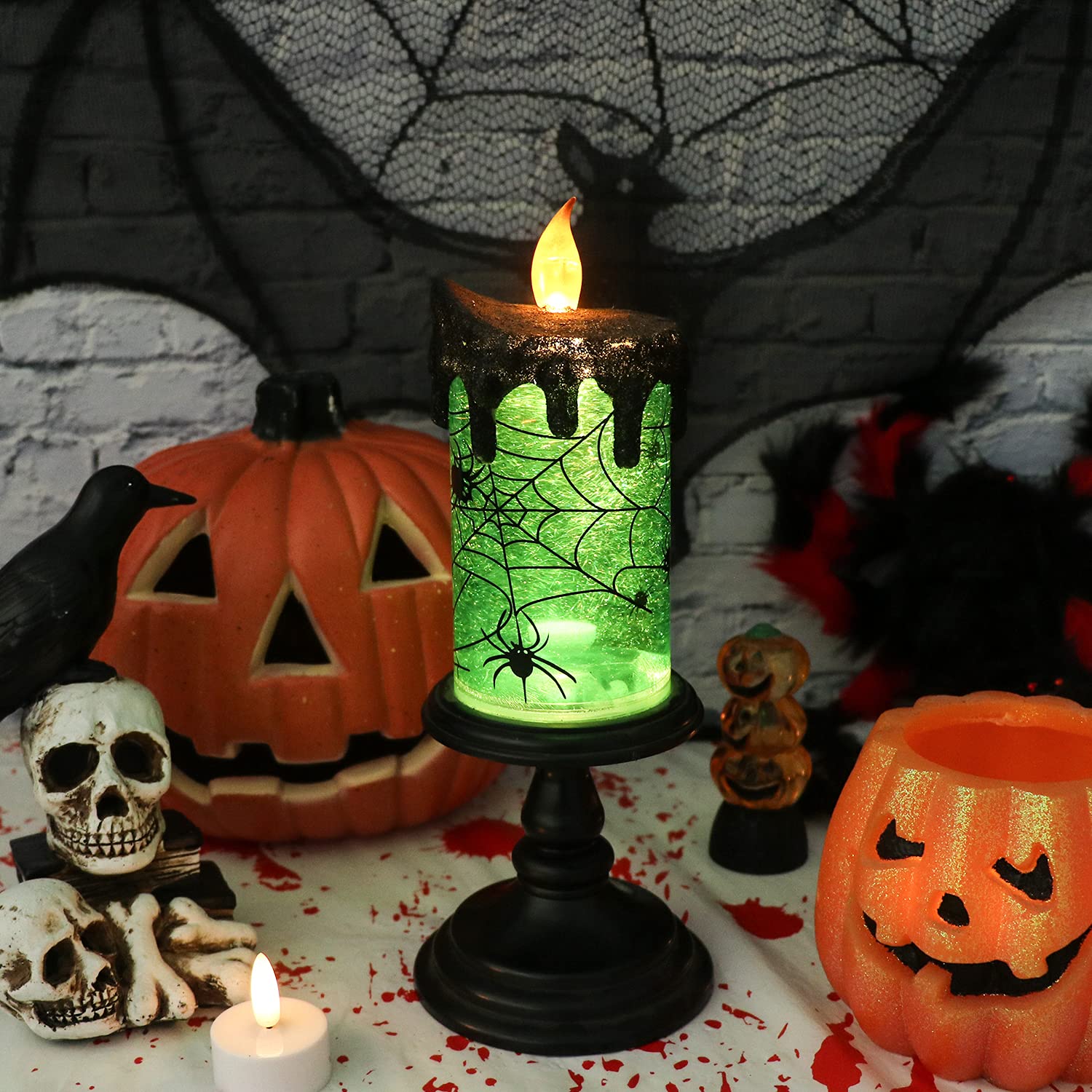 Halloween Spider Snow Globe Candle Lamp – Spooky LED Tornado Glitter Light with Timer, Battery Operated Halloween Decoration