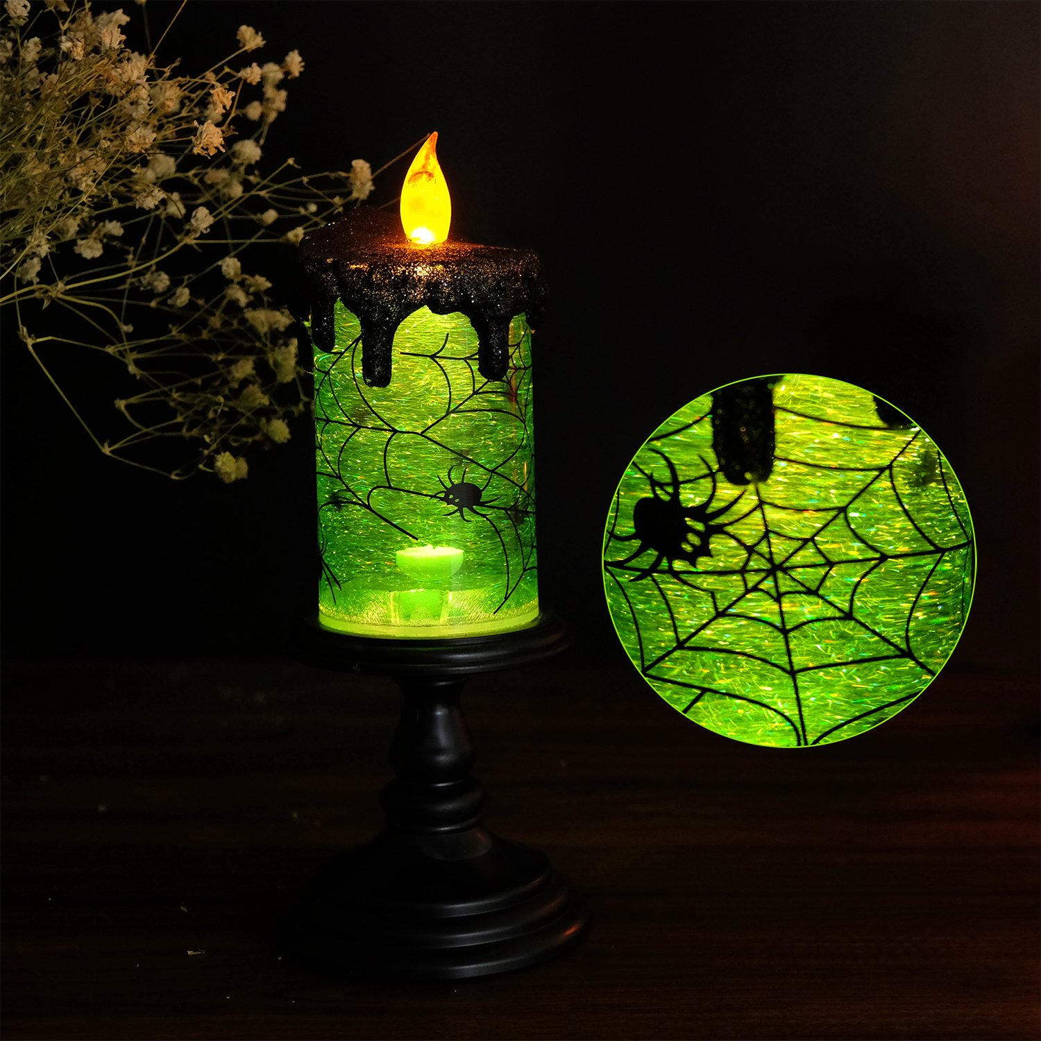 Halloween Spider Snow Globe Candle Lamp &ndash; Spooky LED Tornado Glitter Light with Timer, Battery Operated Halloween Decoration