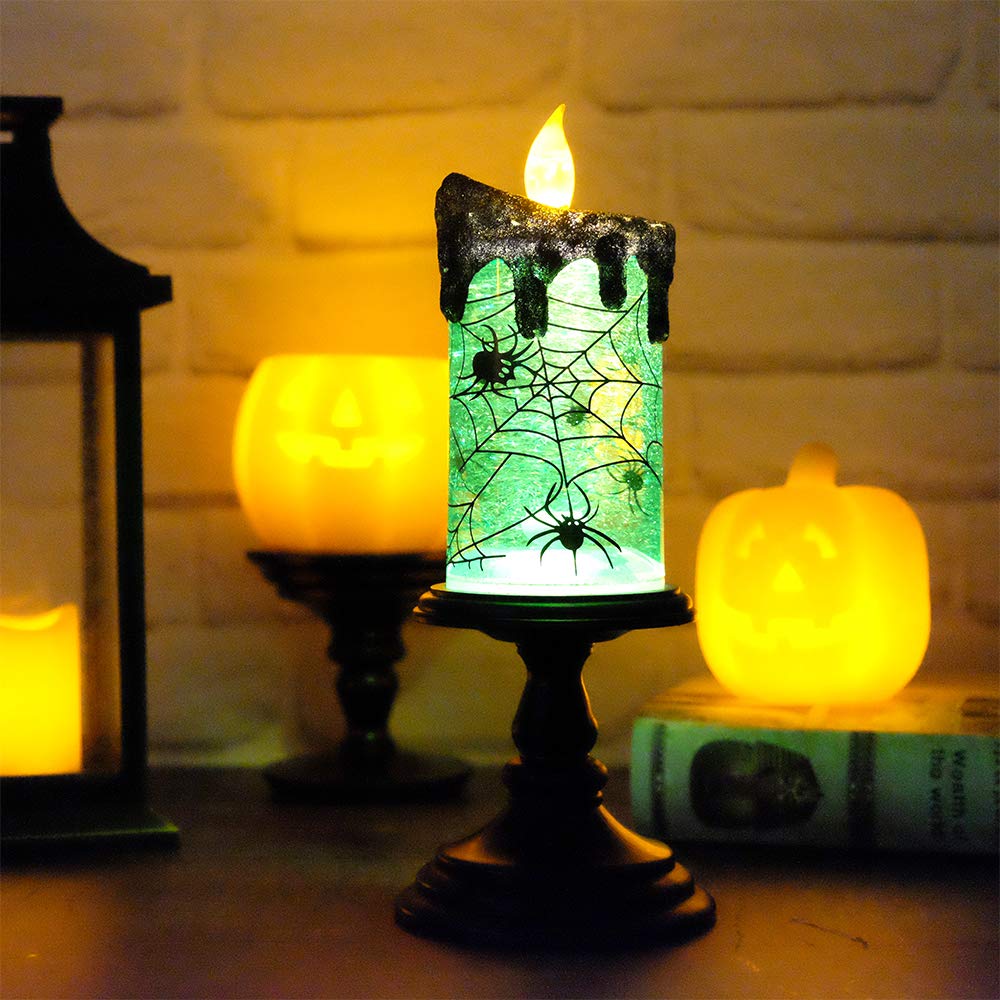 Halloween Spider Snow Globe Candle Lamp – Spooky LED Tornado Glitter Light with Timer, Battery Operated Halloween Decoration