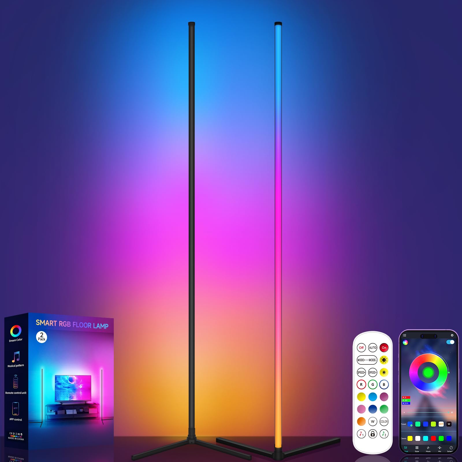Smart RGB Corner Floor Lamp – 16M Colors, Music Sync, App & Remote, Color-Changing Ambient Lighting for Living Rooms, Bedrooms & Gaming Setup