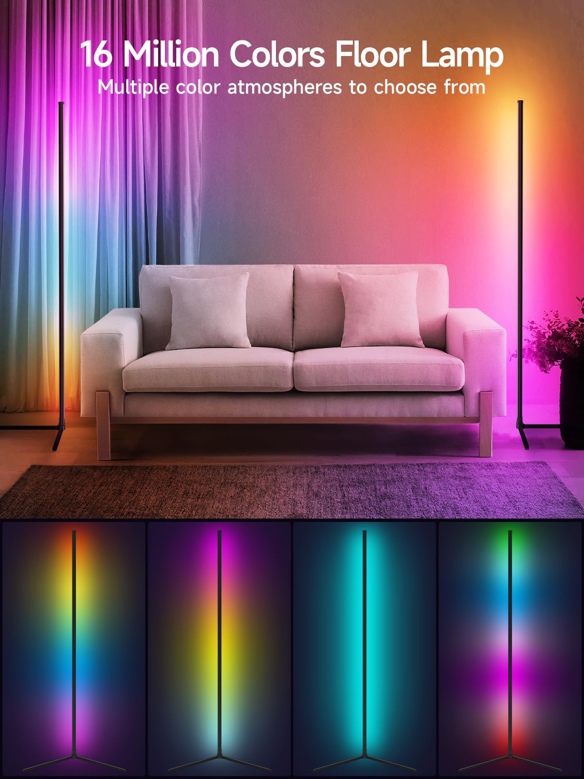 Smart RGB Corner Floor Lamp – 16M Colors, Music Sync, App & Remote, Color-Changing Ambient Lighting for Living Rooms, Bedrooms & Gaming Setup