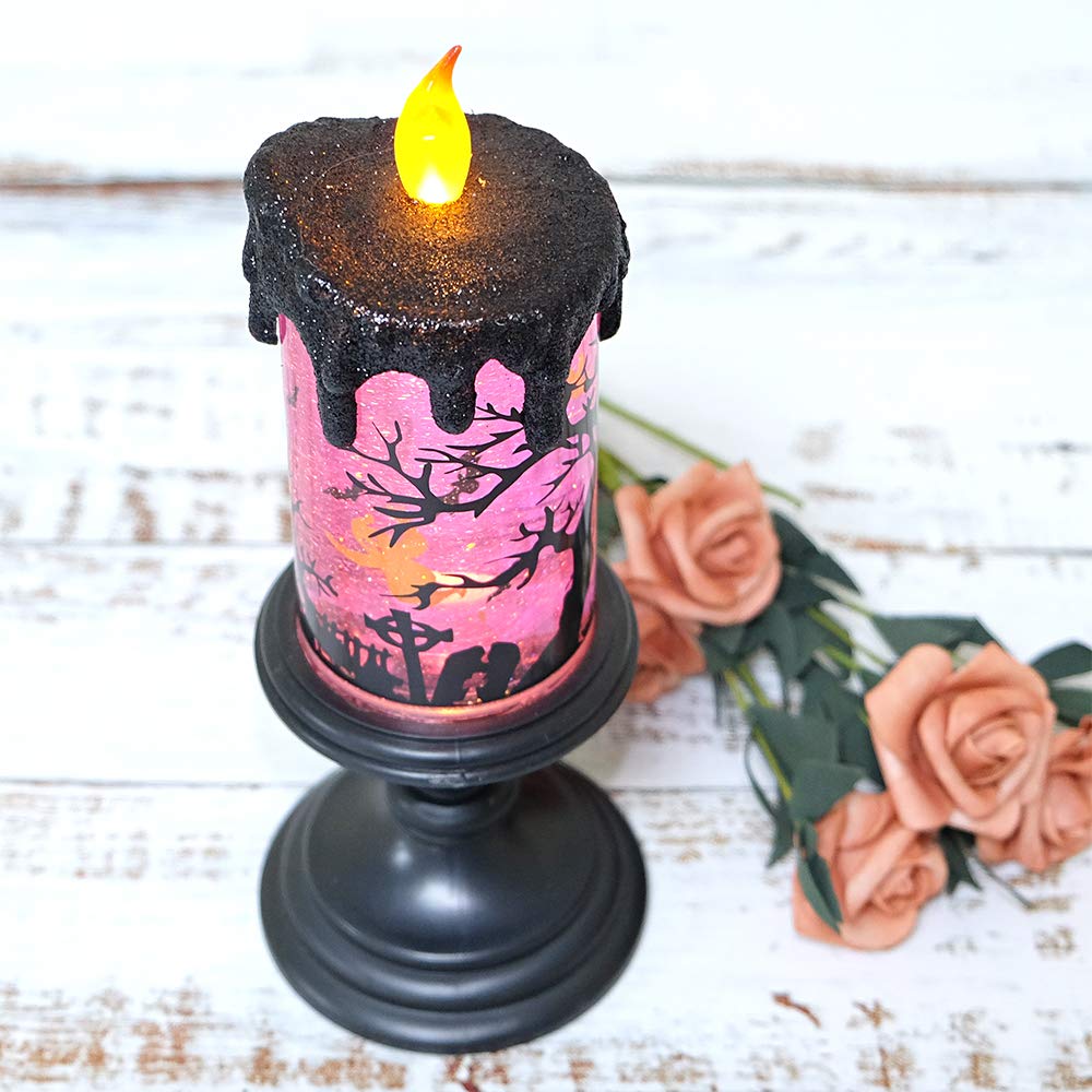 Halloween Spider Snow Globe Candle Lamp &ndash; Spooky LED Tornado Glitter Light with Timer, Battery Operated Halloween Decoration