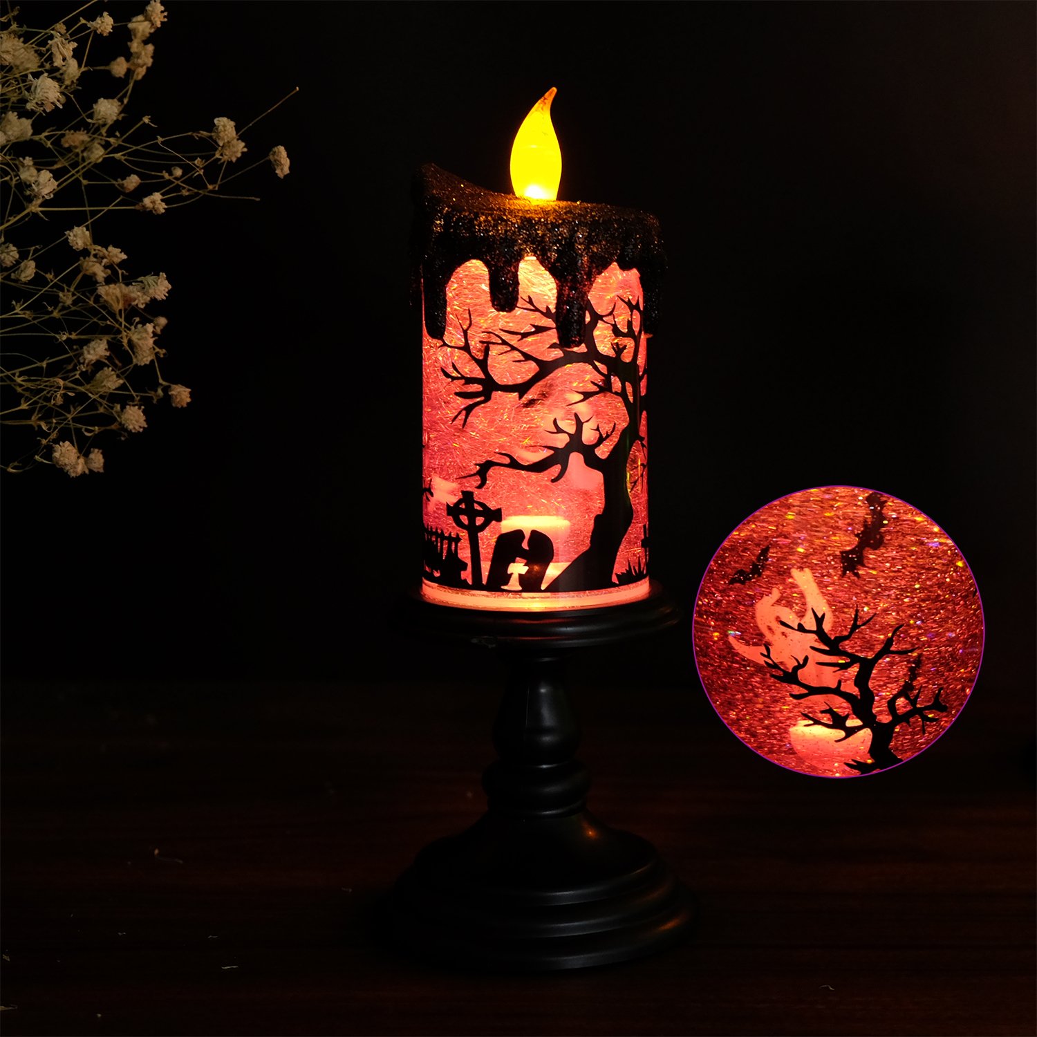 Halloween Spider Snow Globe Candle Lamp &ndash; Spooky LED Tornado Glitter Light with Timer, Battery Operated Halloween Decoration