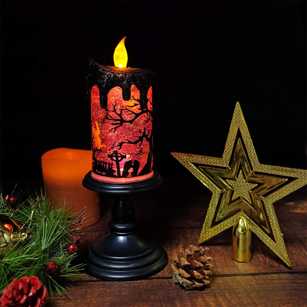 Halloween Spider Snow Globe Candle Lamp &ndash; Spooky LED Tornado Glitter Light with Timer, Battery Operated Halloween Decoration