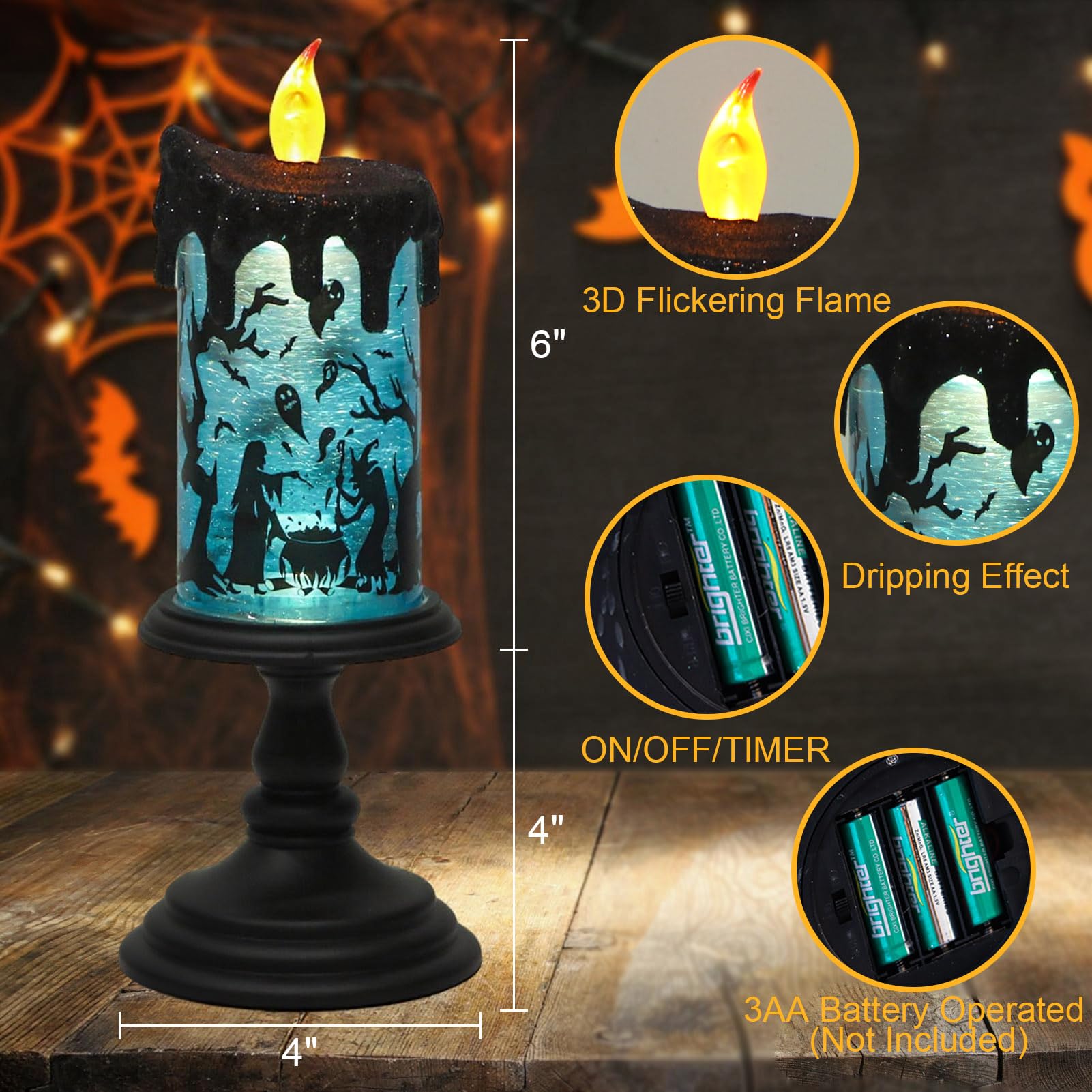 Halloween Spider Snow Globe Candle Lamp – Spooky LED Tornado Glitter Light with Timer, Battery Operated Halloween Decoration