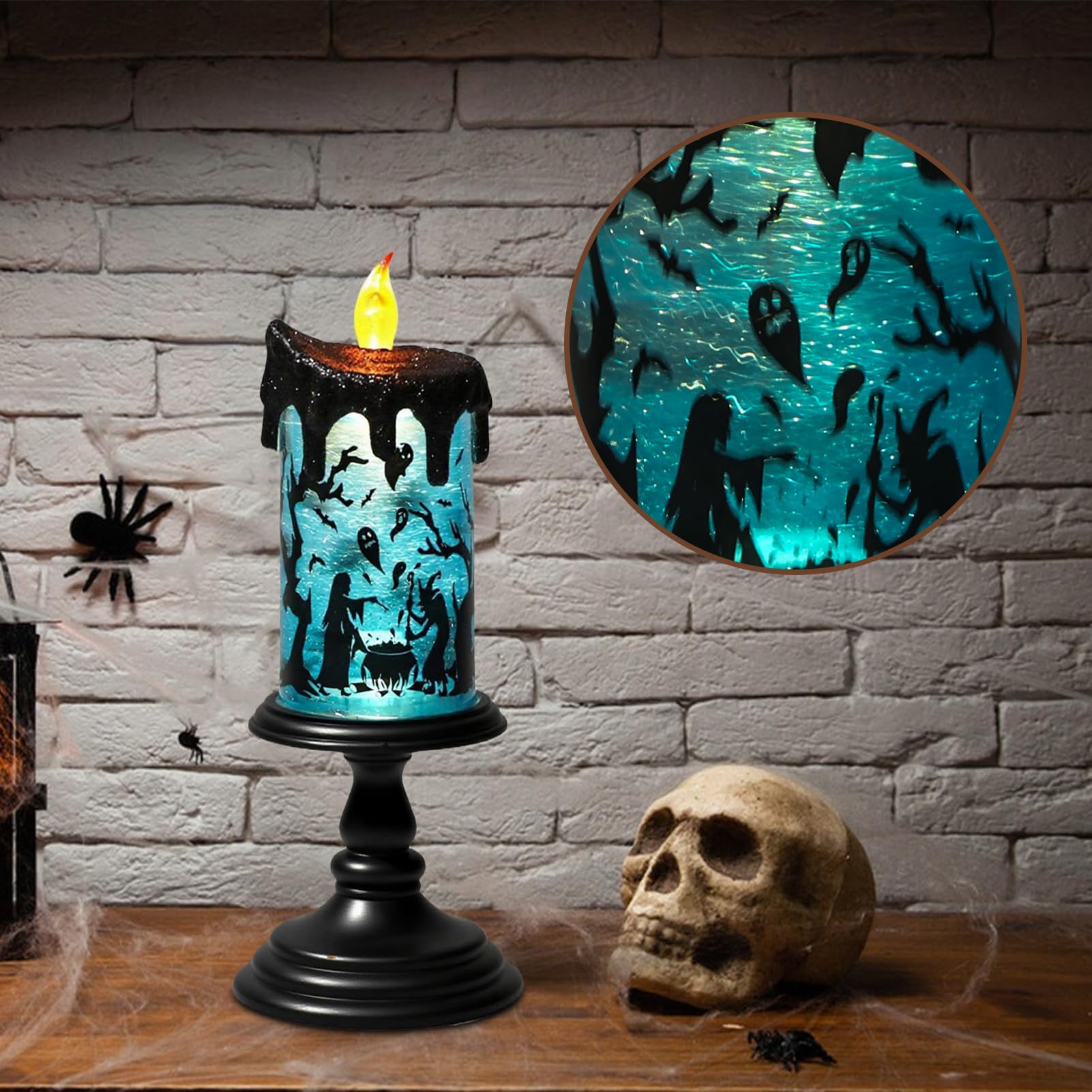 Halloween Spider Snow Globe Candle Lamp &ndash; Spooky LED Tornado Glitter Light with Timer, Battery Operated Halloween Decoration