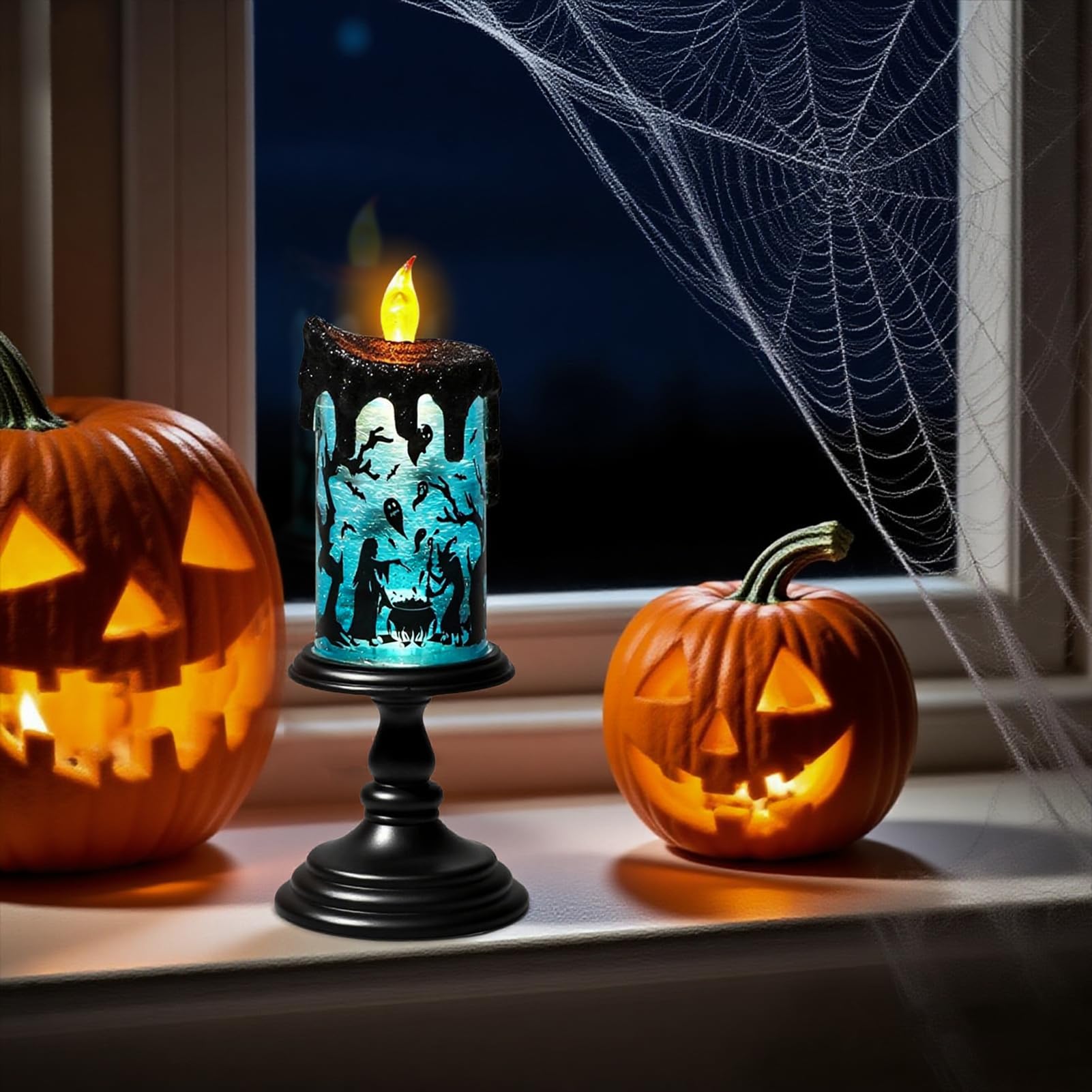 Halloween Spider Snow Globe Candle Lamp &ndash; Spooky LED Tornado Glitter Light with Timer, Battery Operated Halloween Decoration