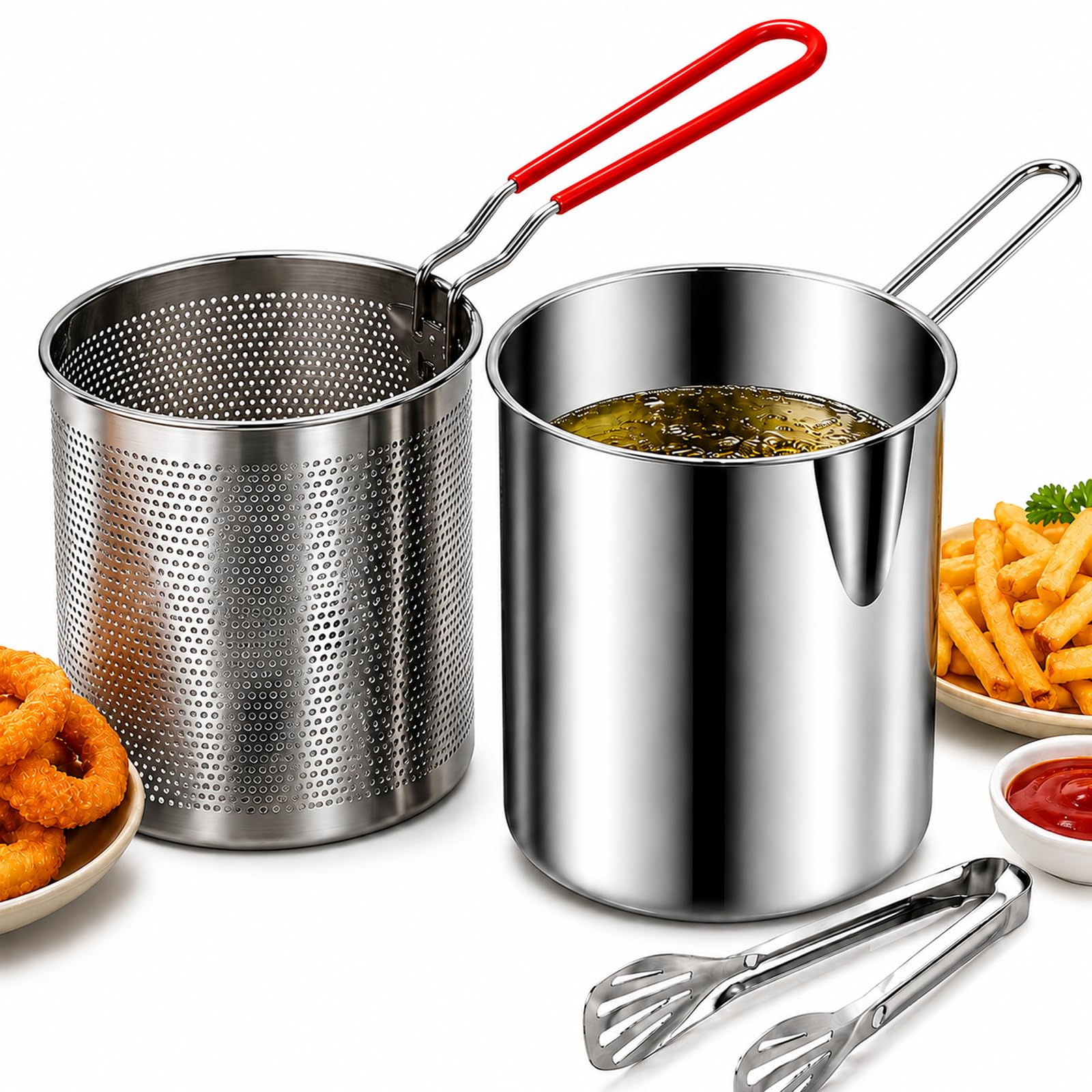 Stainless Steel Mini Deep Fryer Set – Pot, Strainer Basket & Oil Container