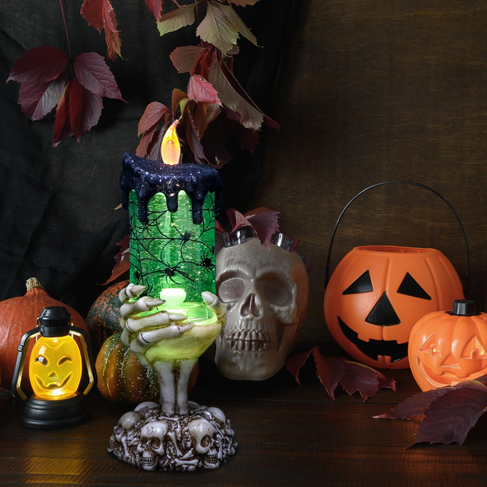Halloween Spider Snow Globe Candle Lamp – Spooky LED Tornado Glitter Light with Timer, Battery Operated Halloween Decoration