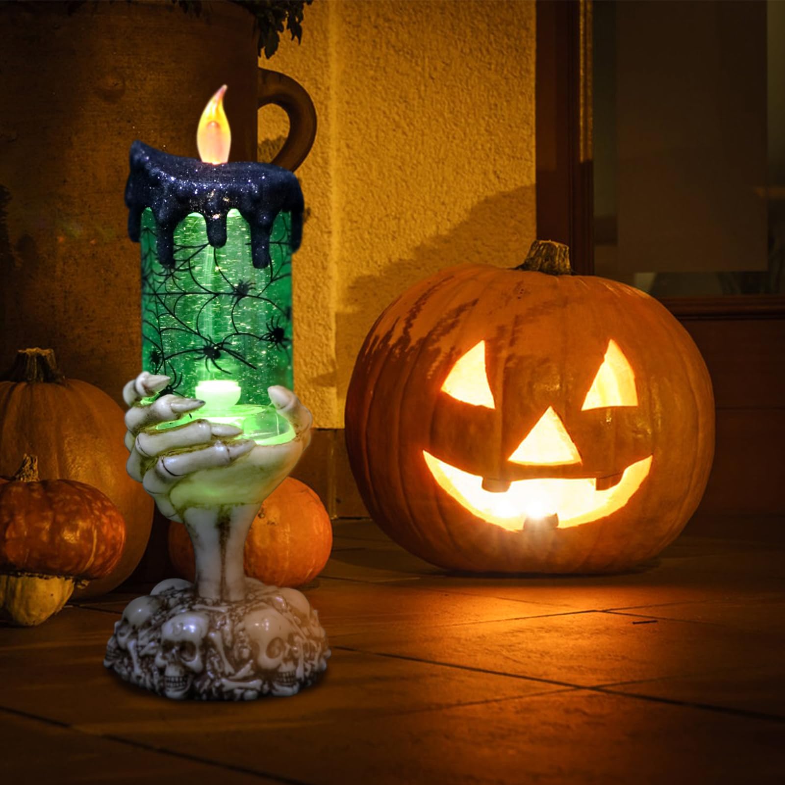 Halloween Spider Snow Globe Candle Lamp &ndash; Spooky LED Tornado Glitter Light with Timer, Battery Operated Halloween Decoration