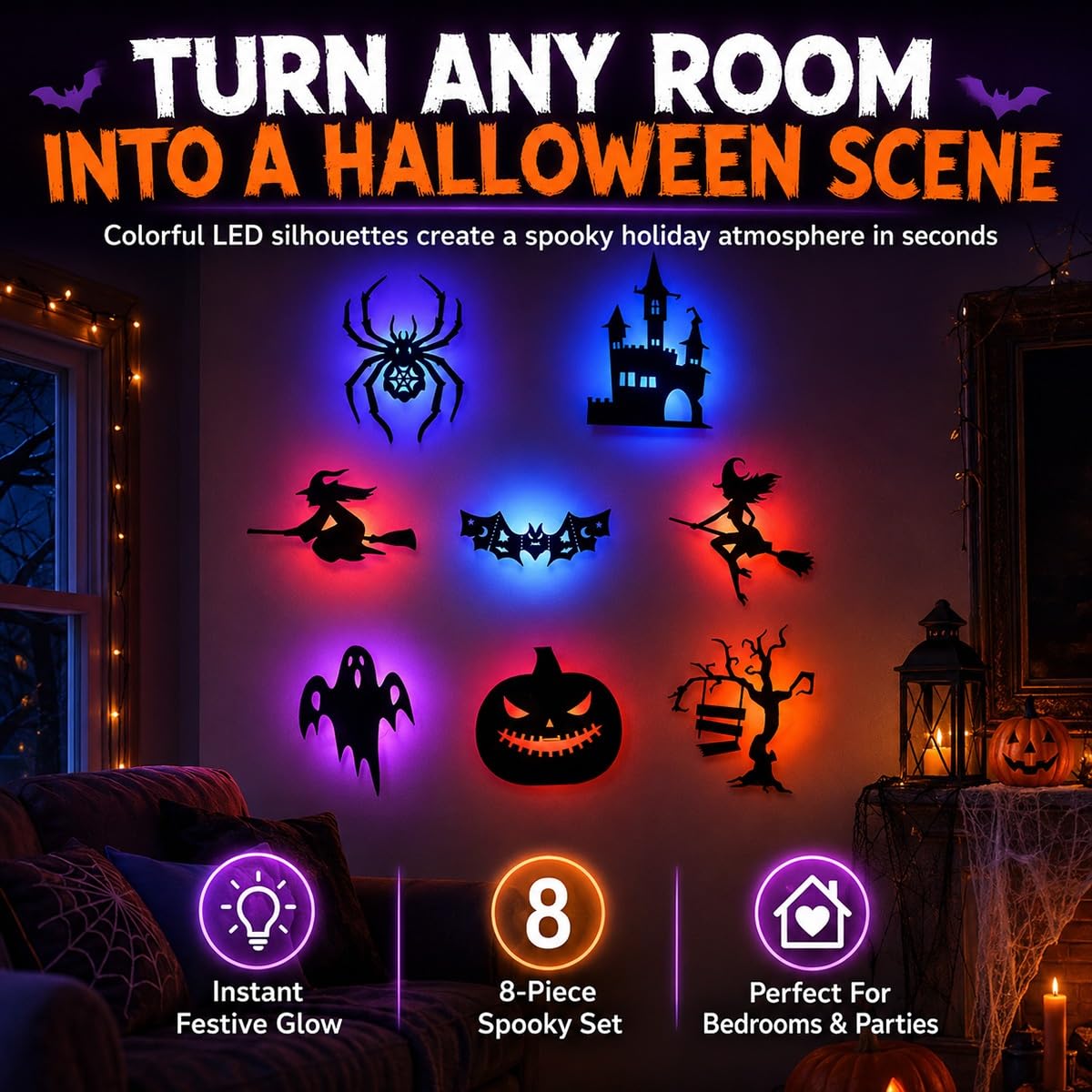 Halloween LED Silhouette Wall Light Set – Colorful Backlit Spooky Wall Decor