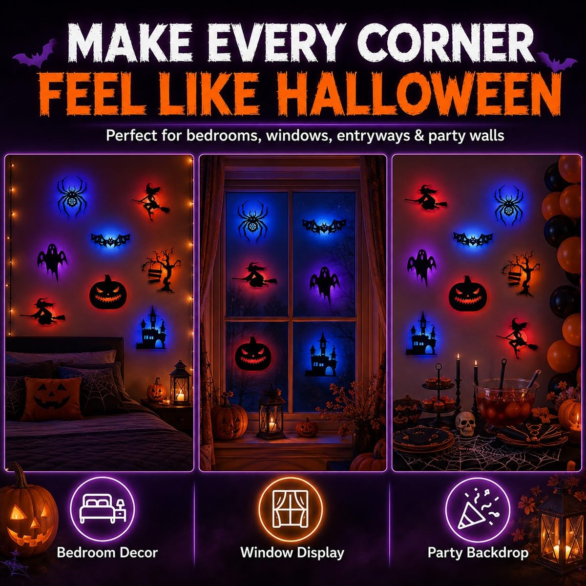 Halloween LED Silhouette Wall Light Set – Colorful Backlit Spooky Wall Decor