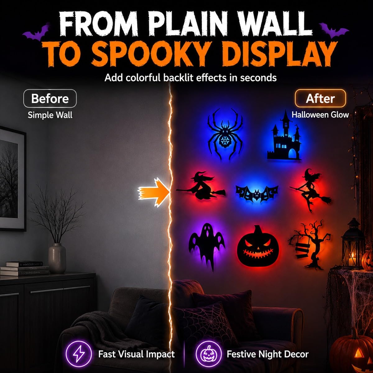Halloween LED Silhouette Wall Light Set – Colorful Backlit Spooky Wall Decor