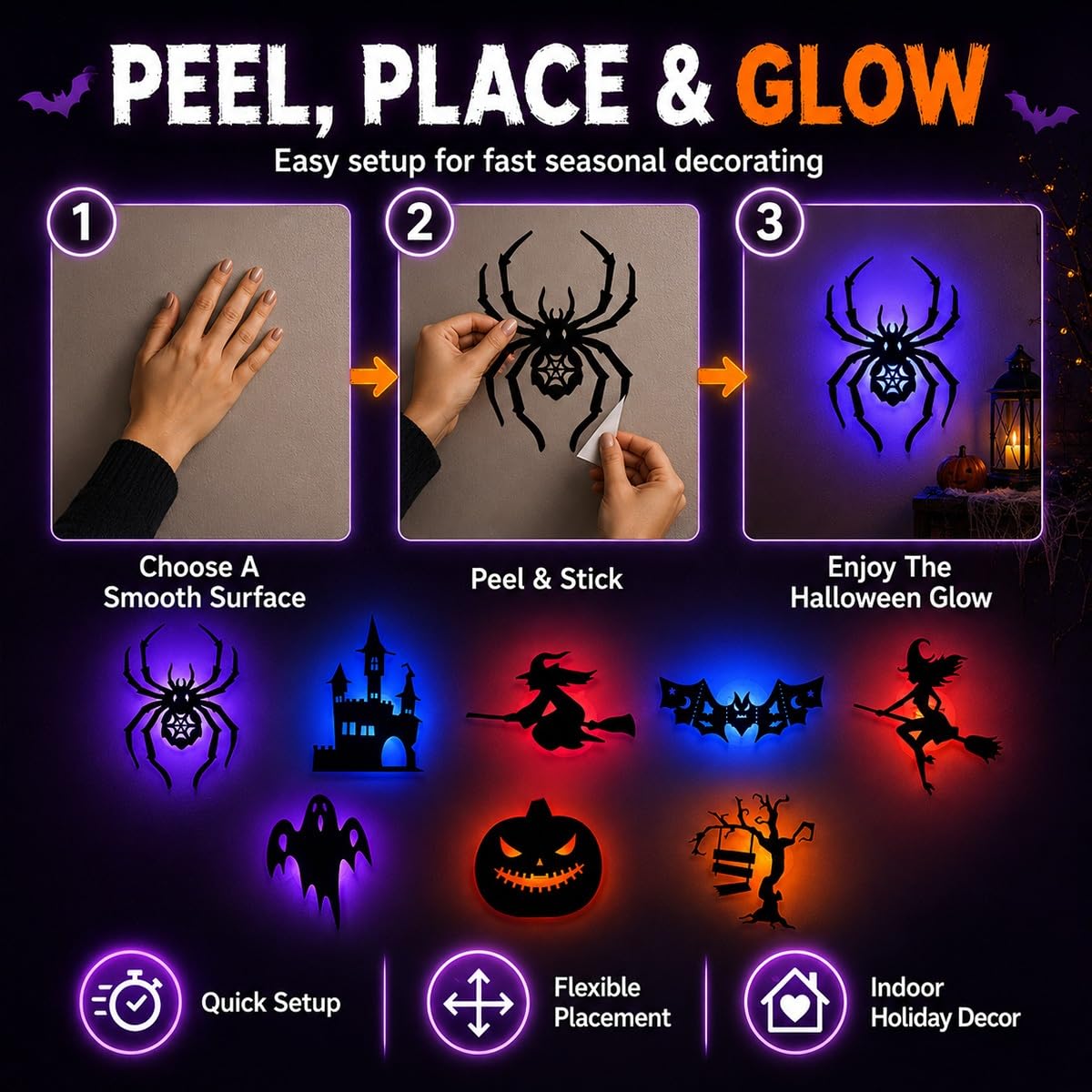 Halloween LED Silhouette Wall Light Set – Colorful Backlit Spooky Wall Decor