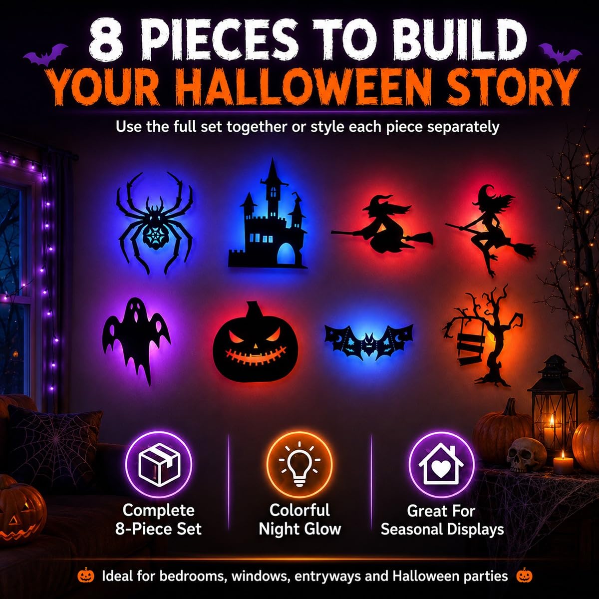 Halloween LED Silhouette Wall Light Set – Colorful Backlit Spooky Wall Decor