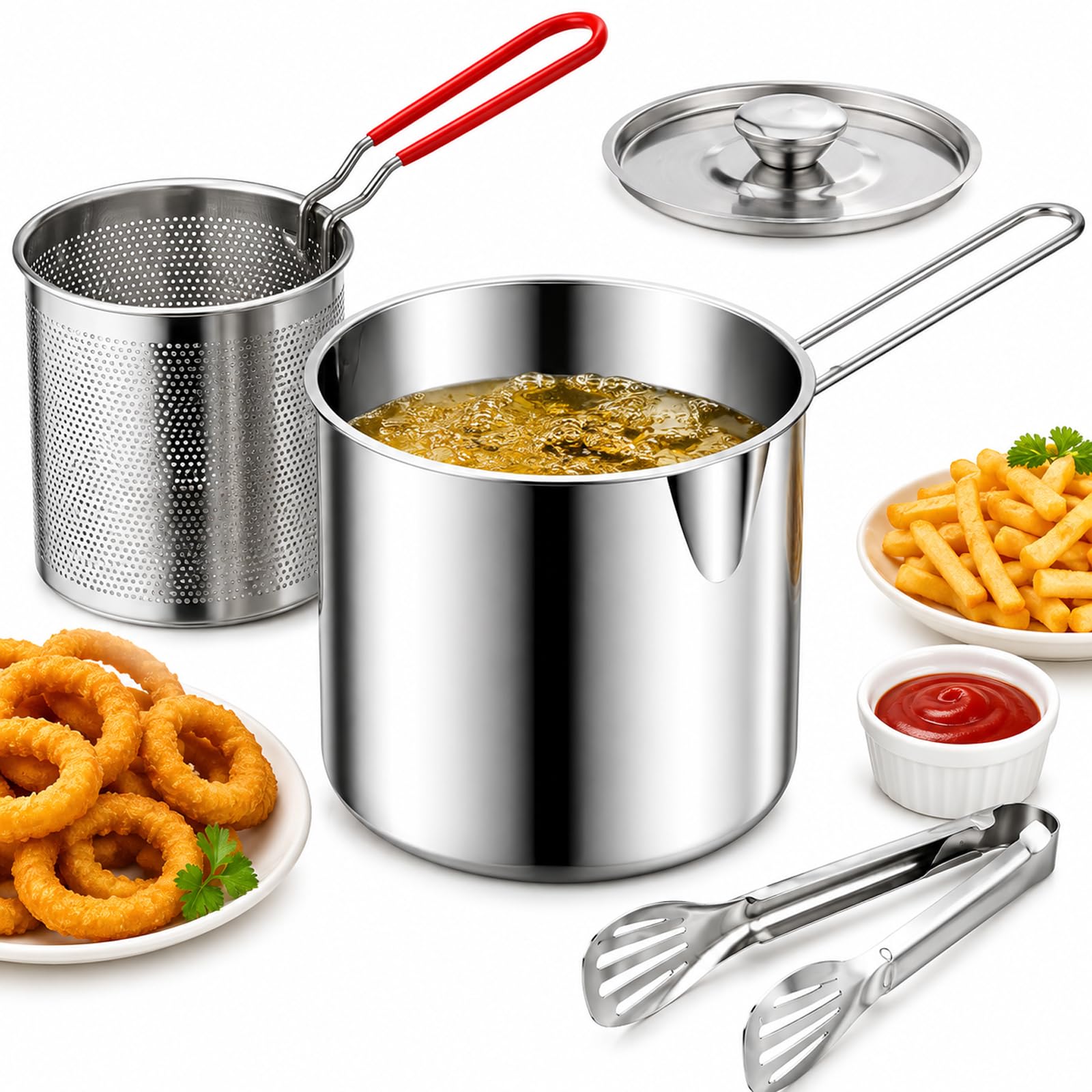Stainless Steel Mini Deep Fryer Set – Pot, Strainer Basket & Oil Container