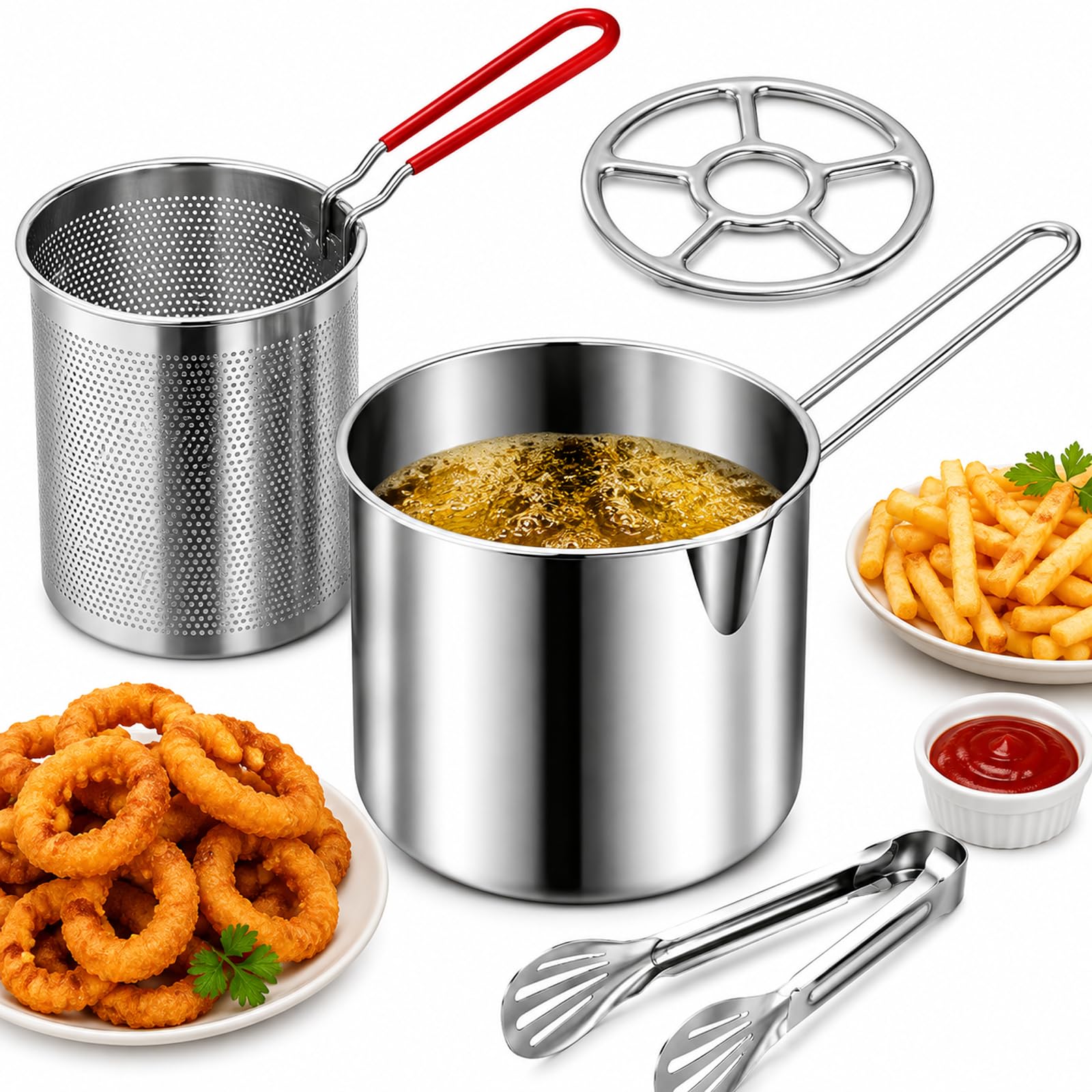 Stainless Steel Mini Deep Fryer Set – Pot, Strainer Basket & Oil Container