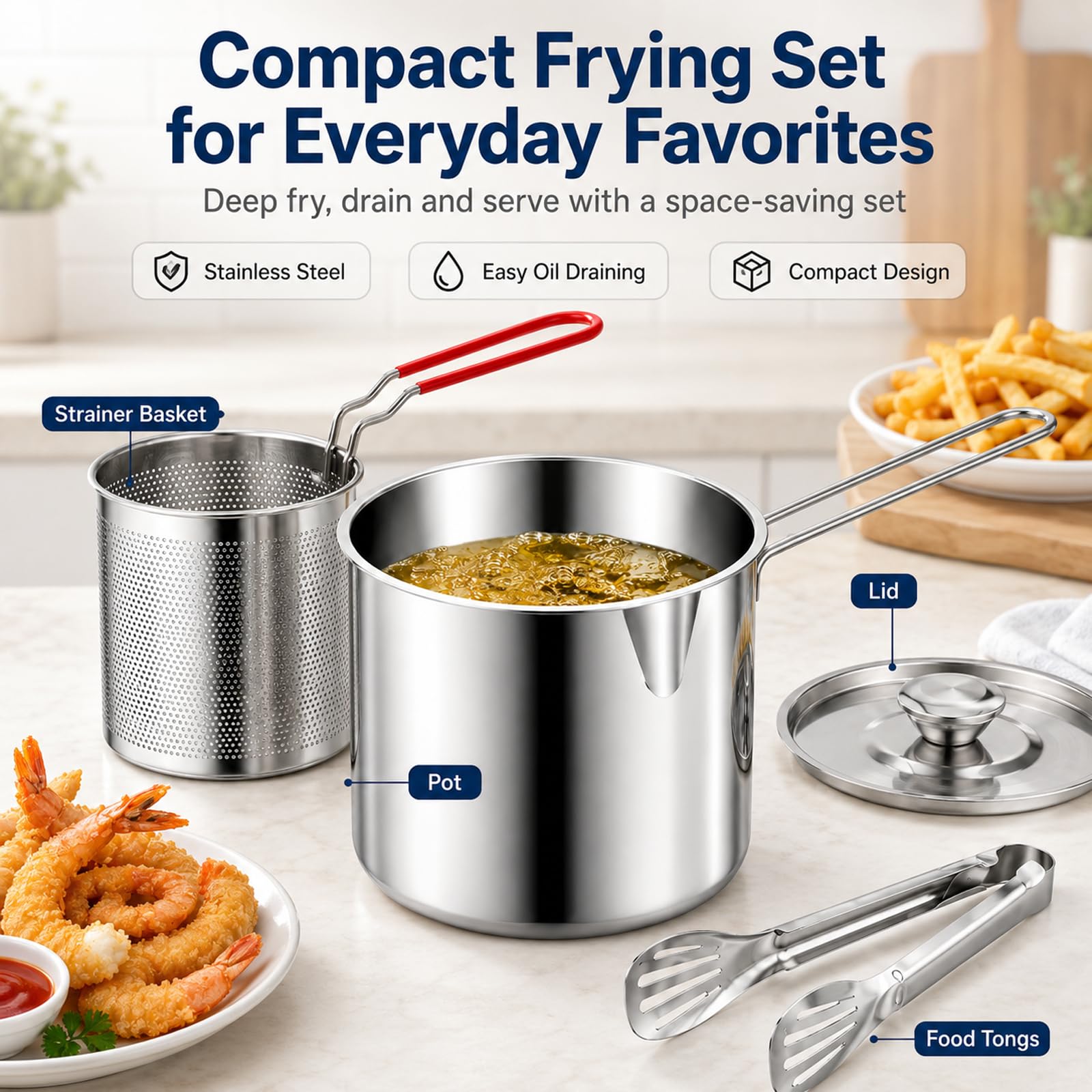 Stainless Steel Mini Deep Fryer Set – Pot, Strainer Basket & Oil Container