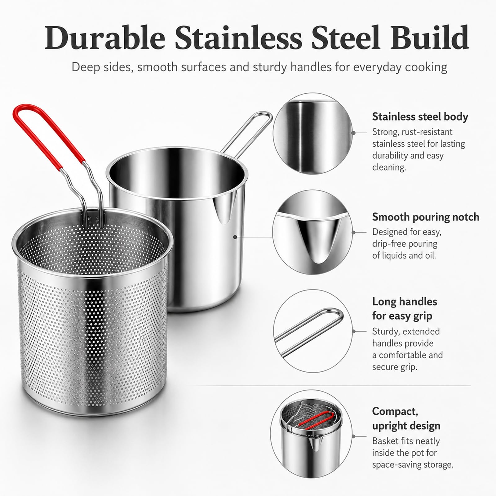 Stainless Steel Mini Deep Fryer Set – Pot, Strainer Basket & Oil Container