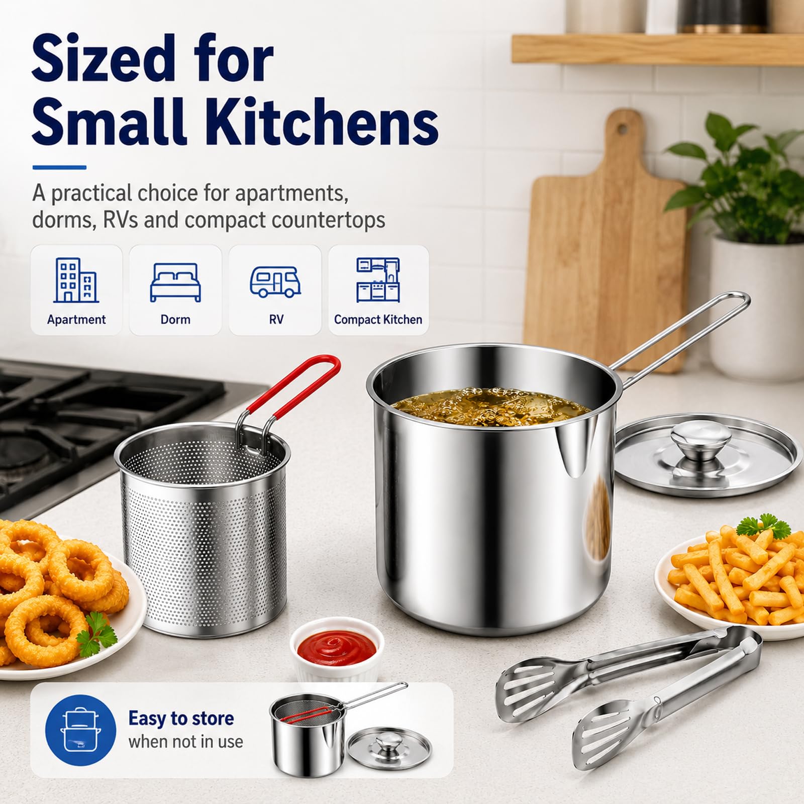 Stainless Steel Mini Deep Fryer Set – Pot, Strainer Basket & Oil Container