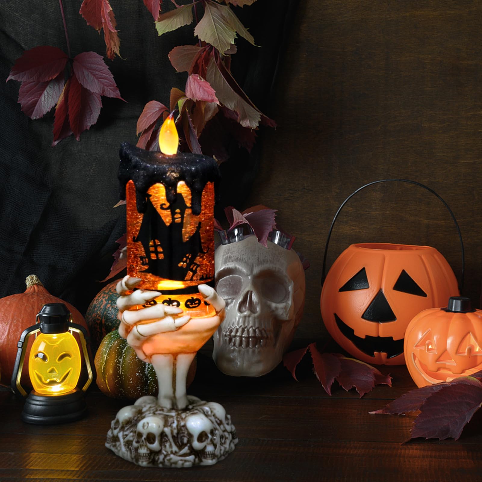 Halloween Spider Snow Globe Candle Lamp &ndash; Spooky LED Tornado Glitter Light with Timer, Battery Operated Halloween Decoration