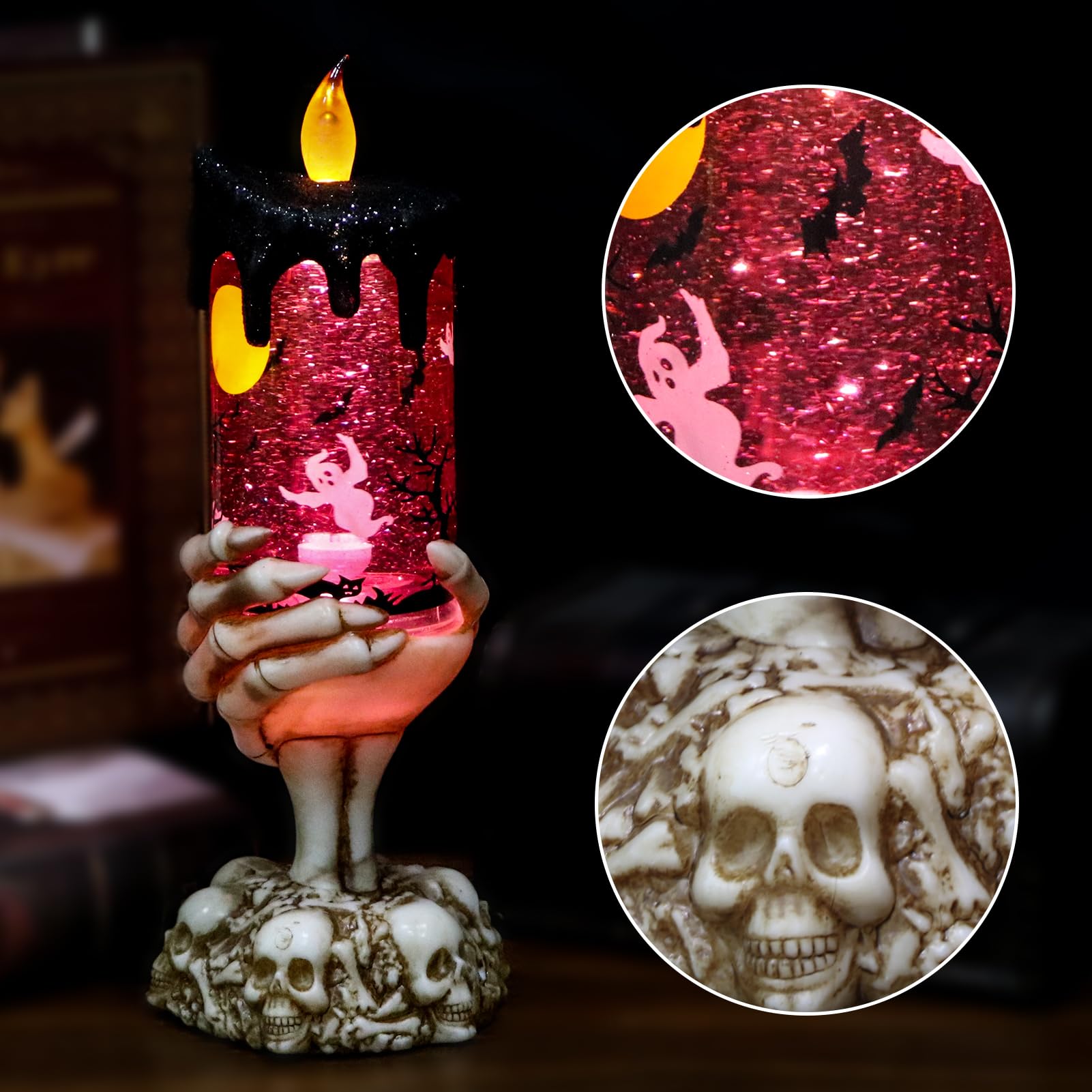 Halloween Spider Snow Globe Candle Lamp &ndash; Spooky LED Tornado Glitter Light with Timer, Battery Operated Halloween Decoration