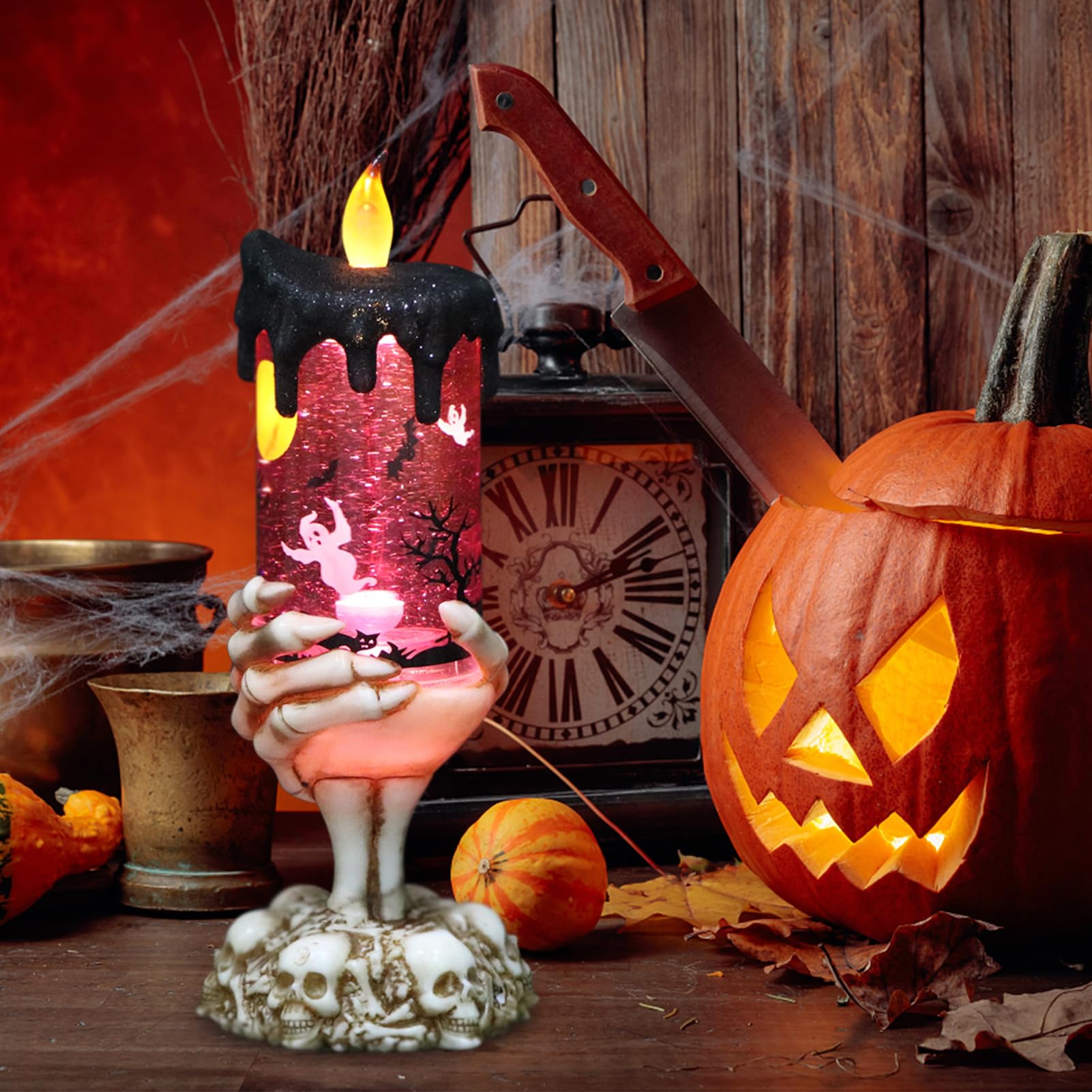 Halloween Spider Snow Globe Candle Lamp &ndash; Spooky LED Tornado Glitter Light with Timer, Battery Operated Halloween Decoration