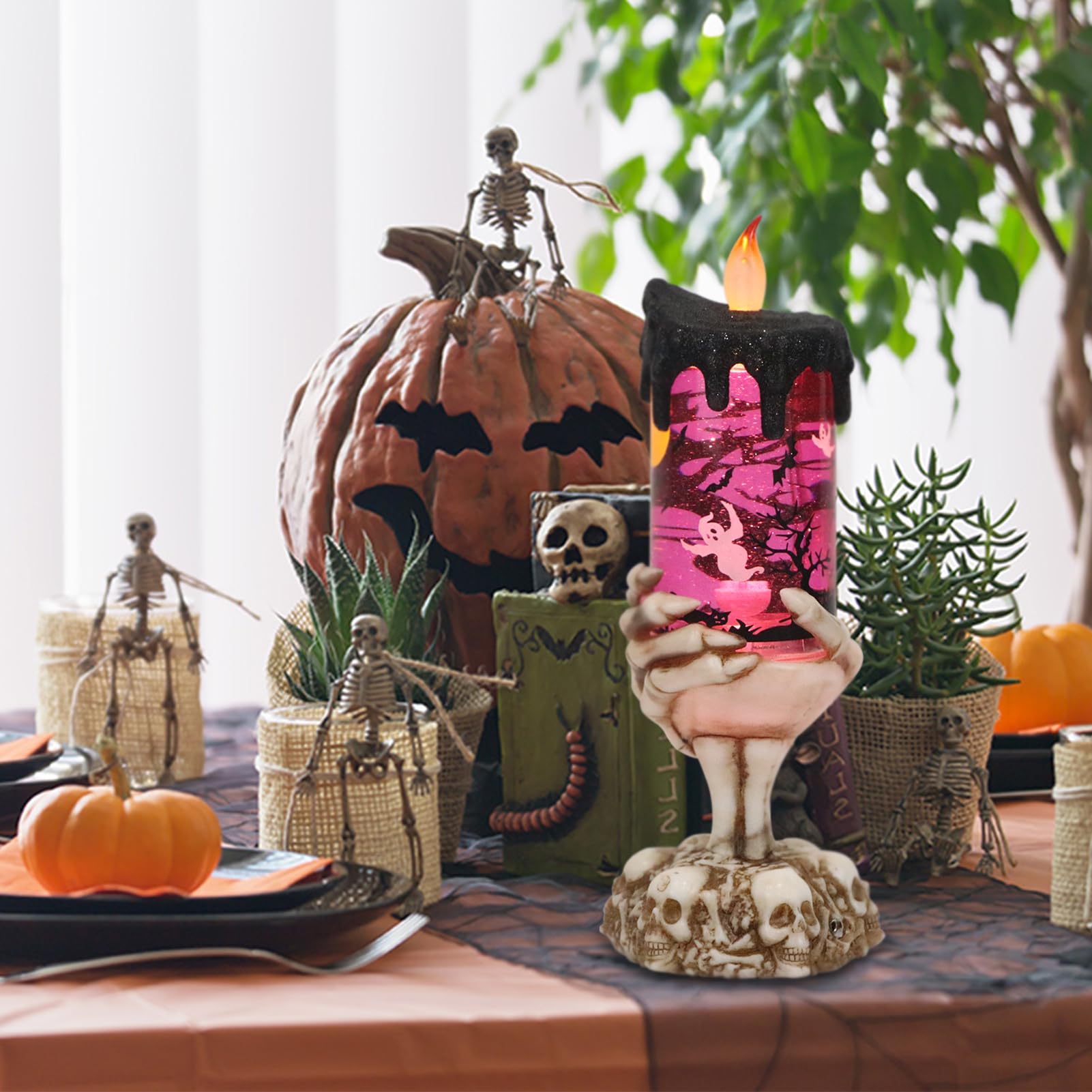 Halloween Spider Snow Globe Candle Lamp &ndash; Spooky LED Tornado Glitter Light with Timer, Battery Operated Halloween Decoration